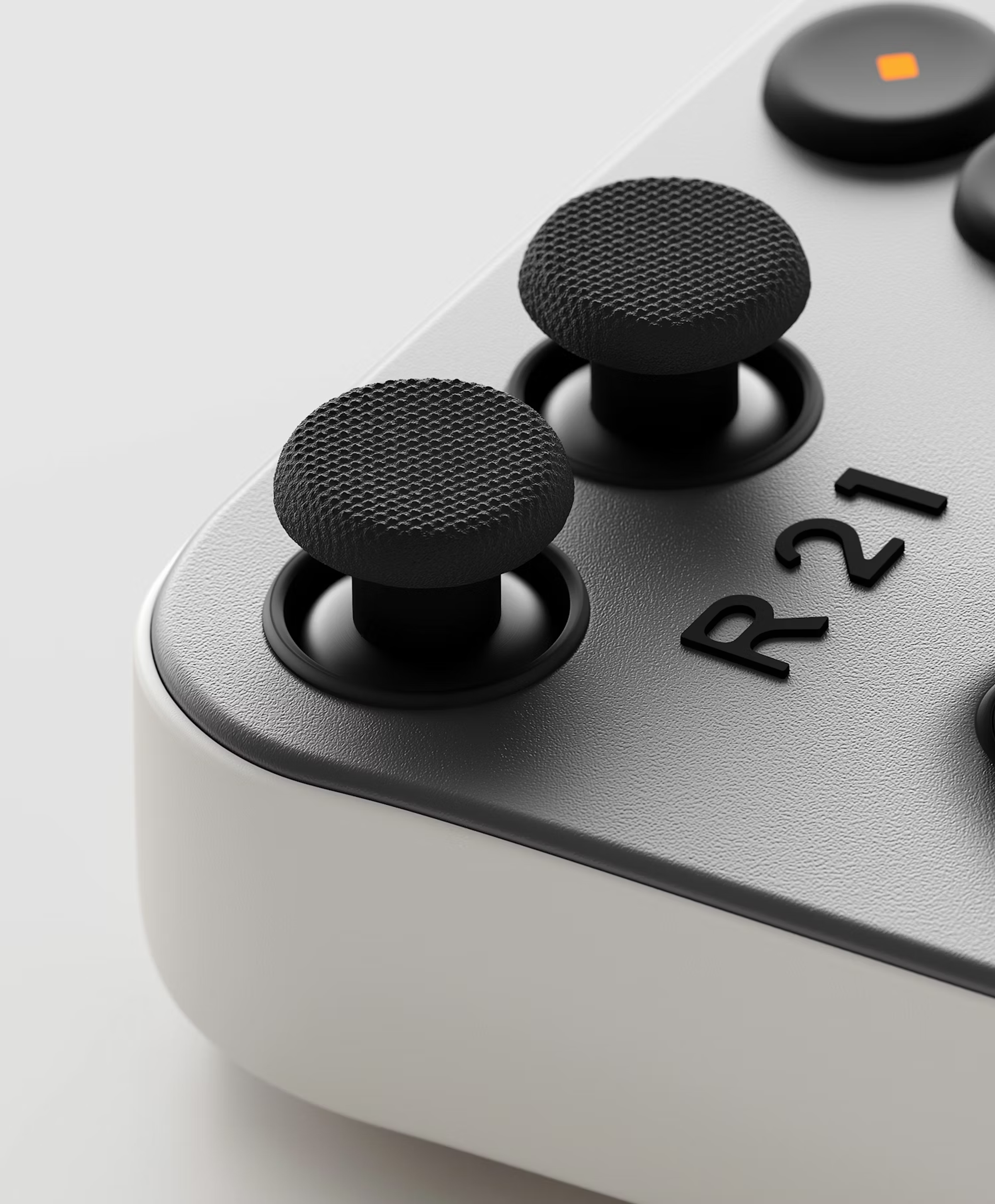 Close-up of a game controller thumbstick marked R21