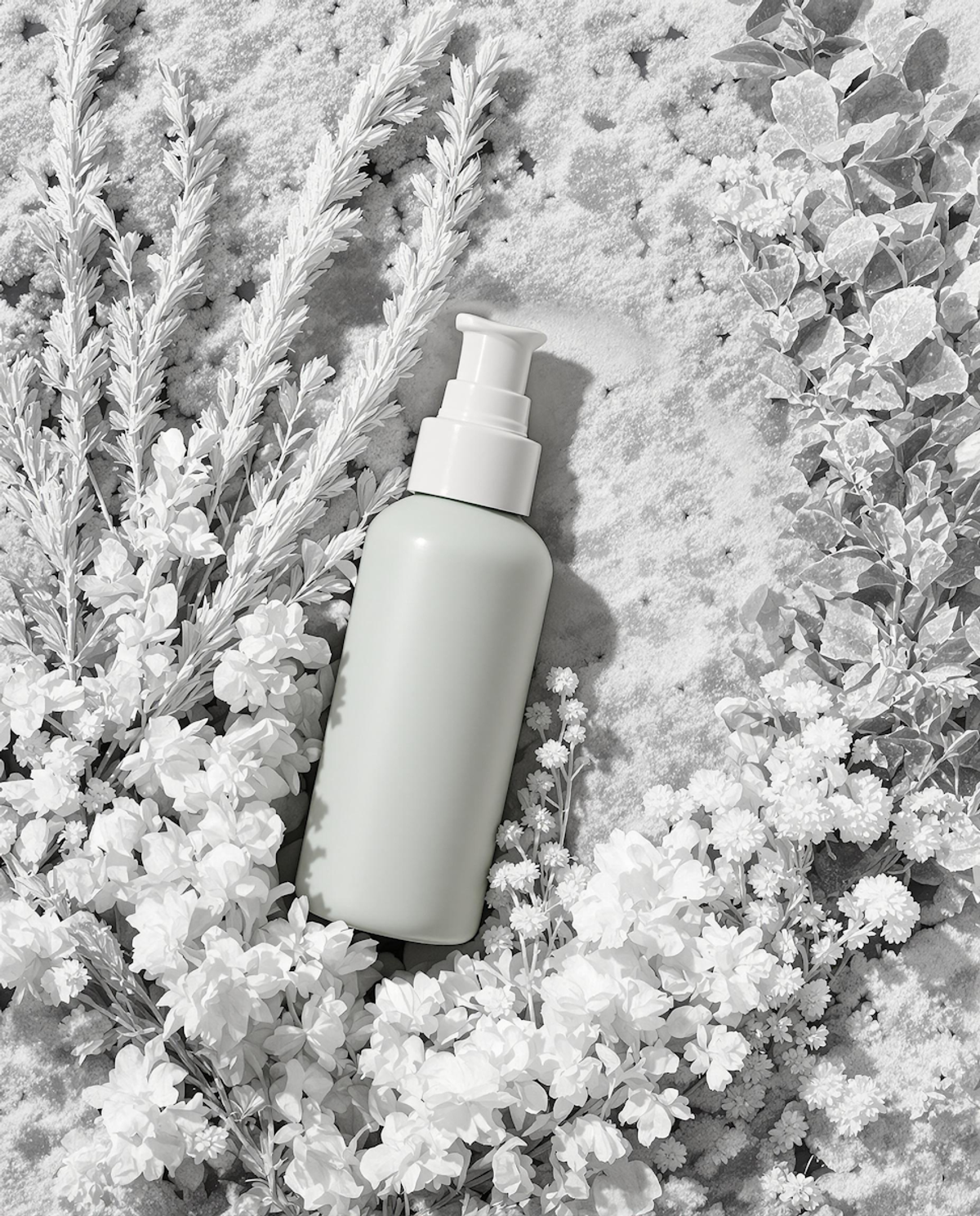 Pale green pump bottle lying among white flowers