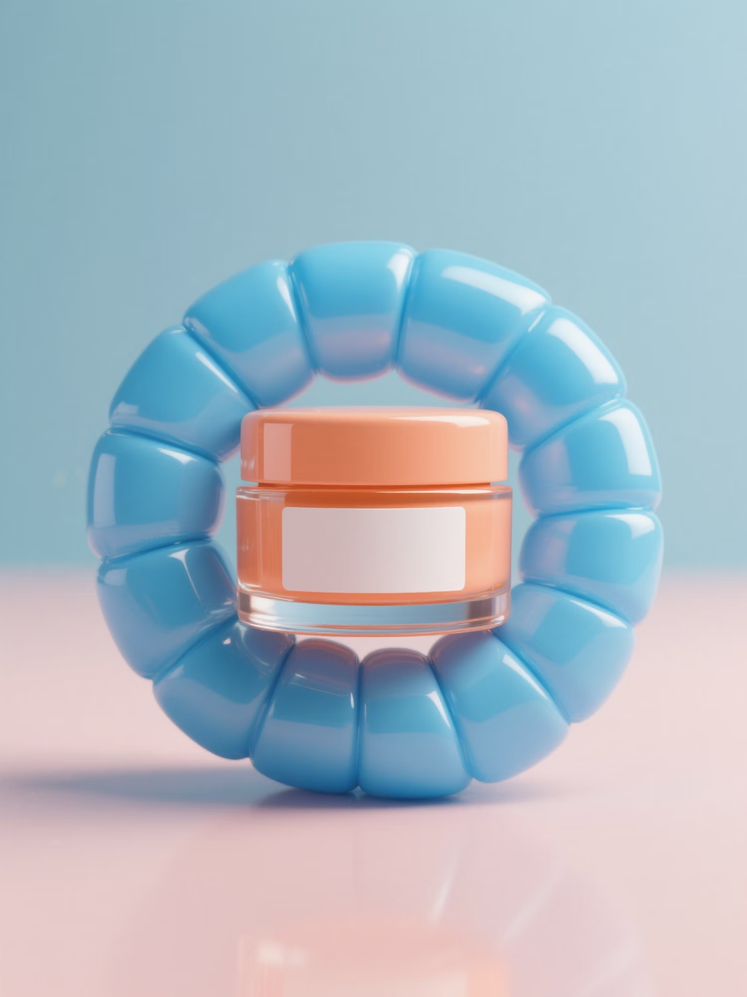 Orange cosmetic jar inside a glossy blue ring on a pink surface