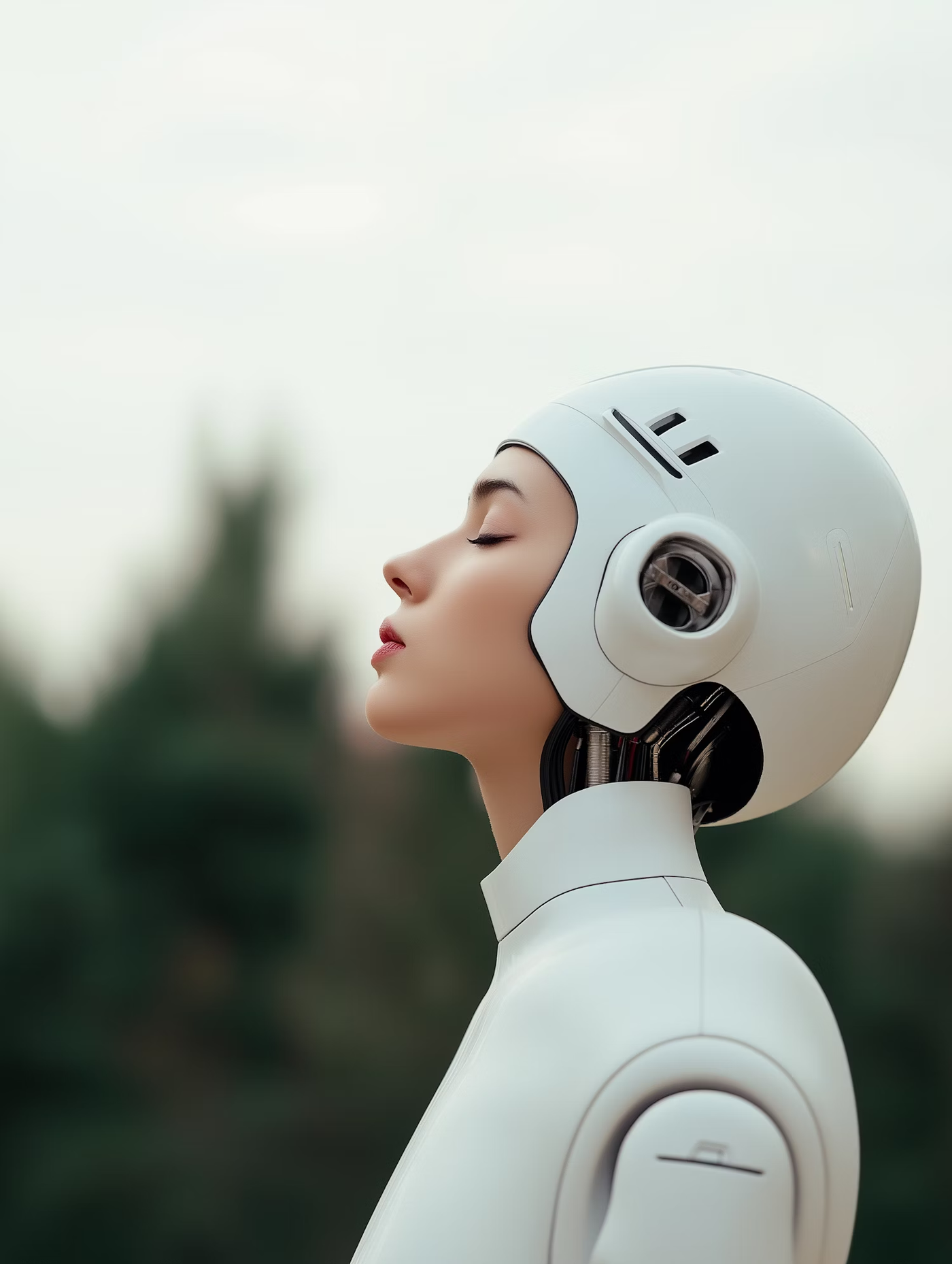 Profile of a woman with closed eyes wearing a white robotic helmet