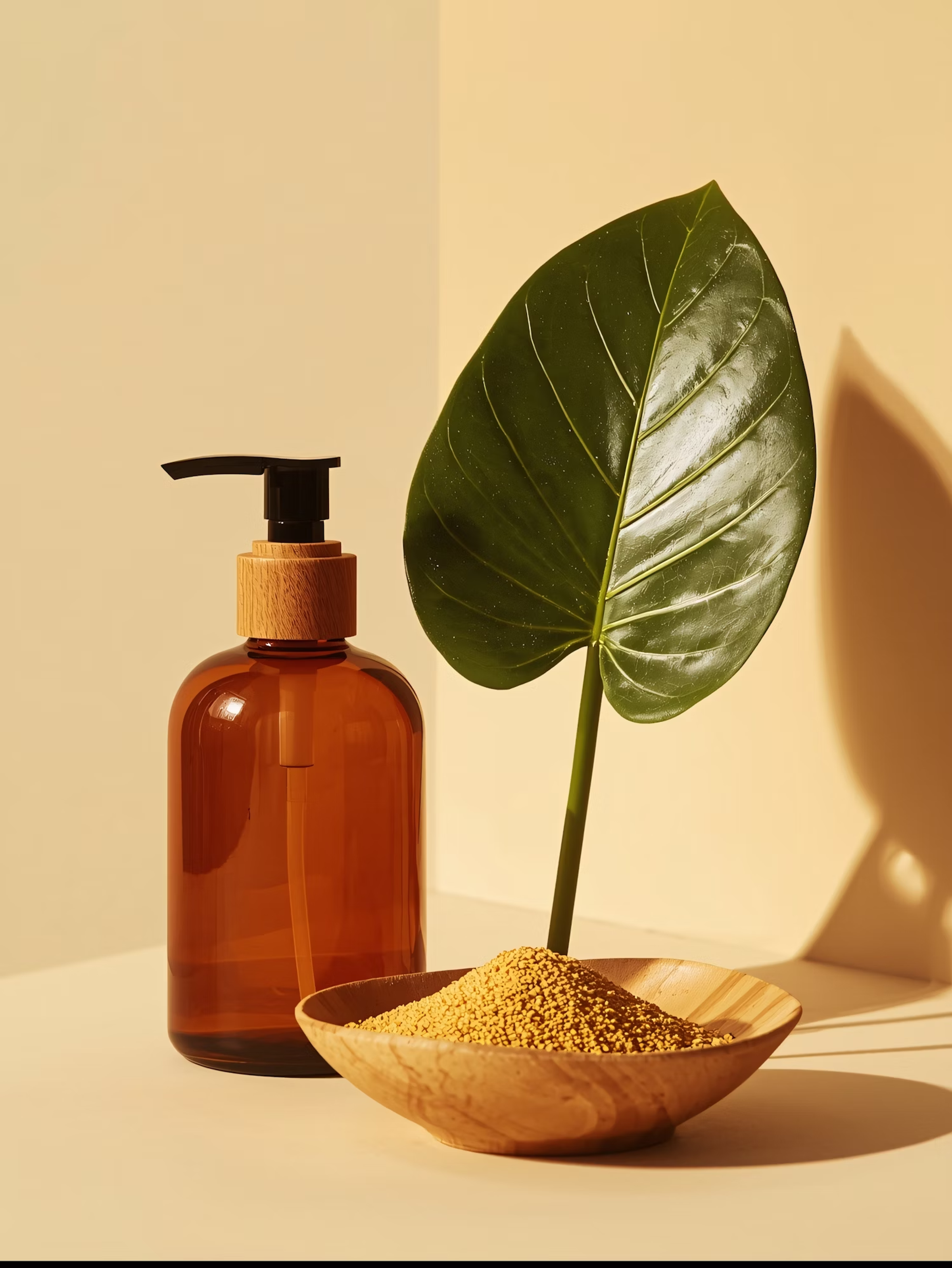 Amber pump bottle beside a large green leaf in a wooden bowl