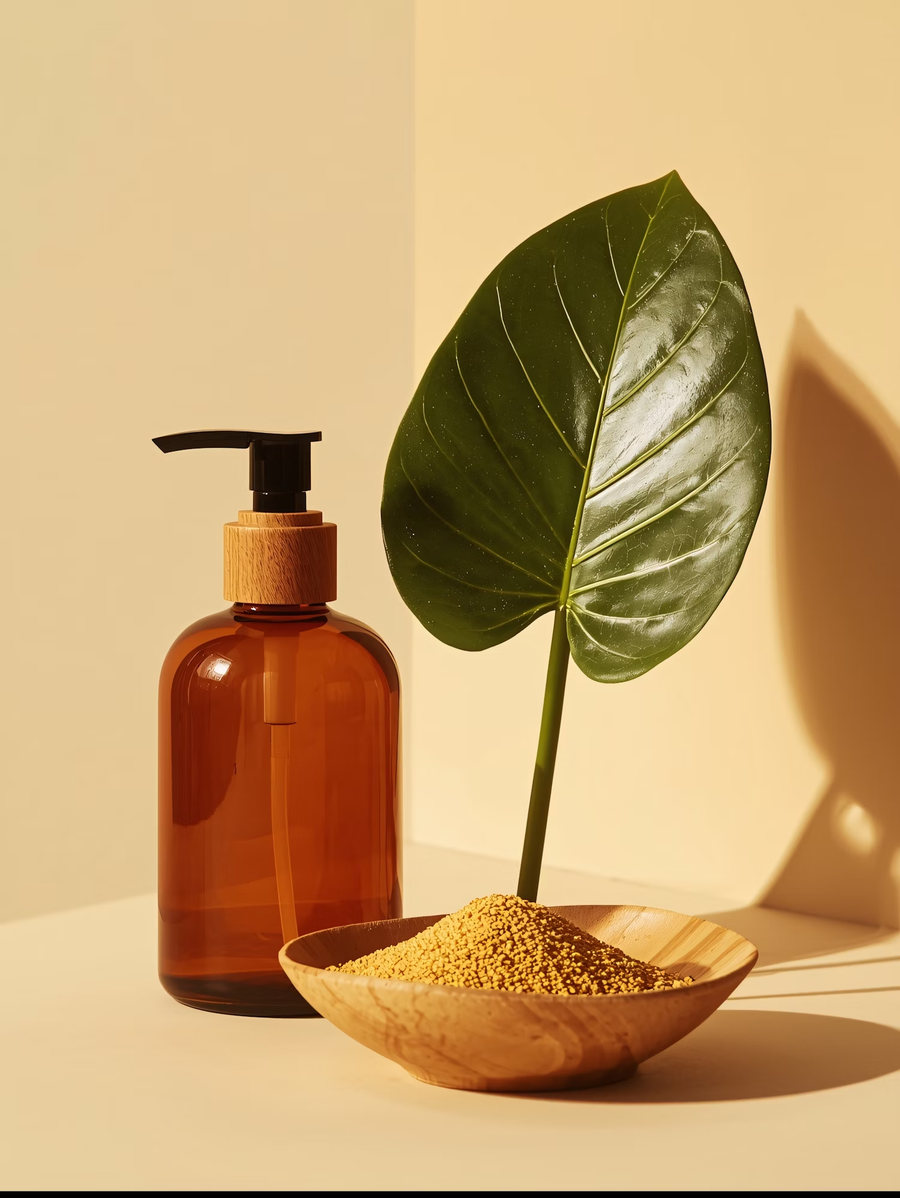 Amber pump bottle beside a large green leaf in a wooden bowl