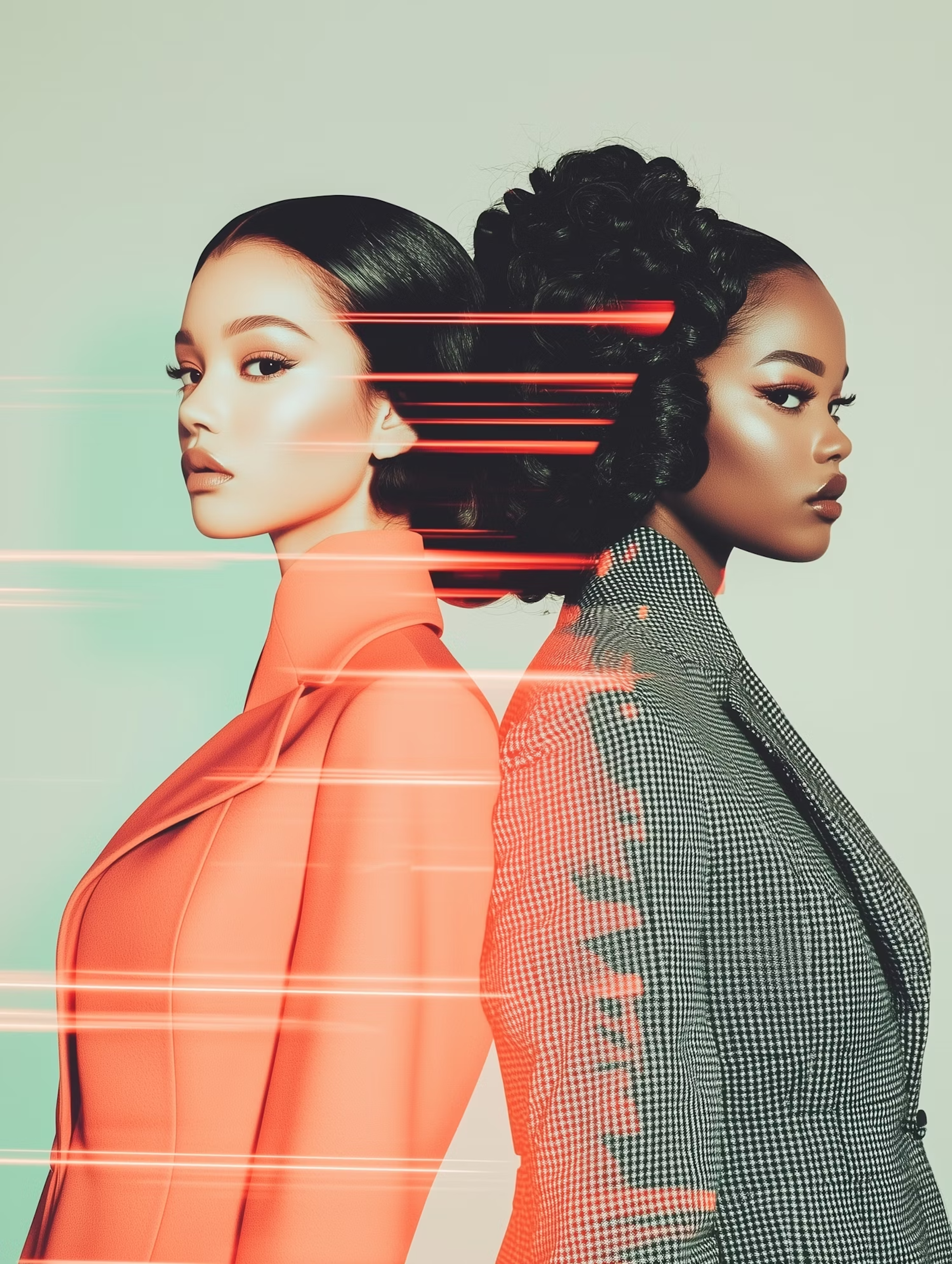 Two women in orange and houndstooth jackets with streaks of red light