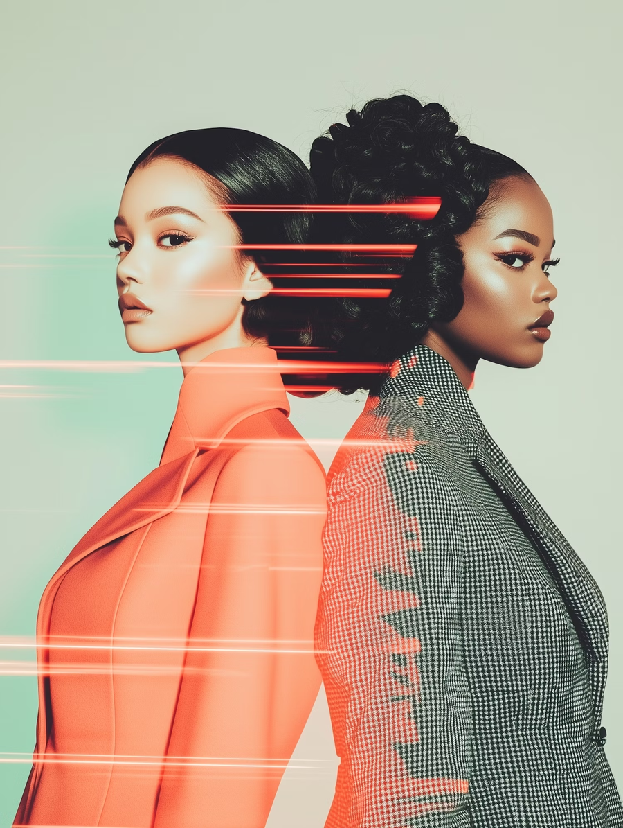 Two women in orange and houndstooth jackets with streaks of red light