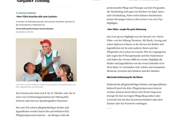 "Ferienwoche Stiftung Kifa mit Therapiehunden" Aargauer Zeitung 2023