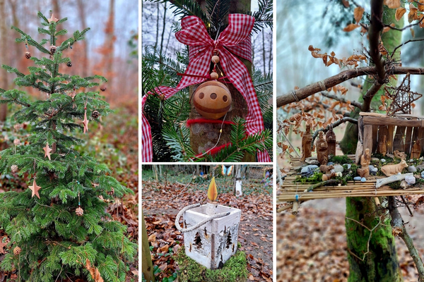Wald mit geschmücktem Weihnachtbaum, Holzkerze, Holzkugeln und Krippe