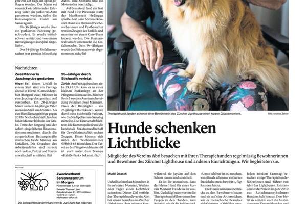 "Hunde schenken Lichtblicke" in der Limmattaler Zeitung 2023