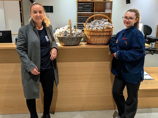 Zwei Frauen stehen im Kinderspital beim Empfang mit 2 Körben voll mit ABRI Wölfen