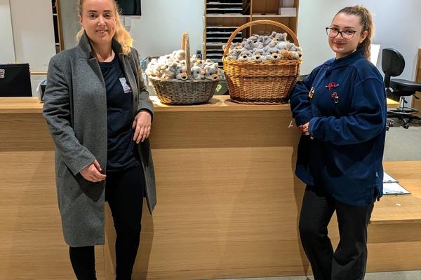 Zwei Frauen stehen im Kinderspital beim Empfang mit 2 Körben voll mit ABRI Wölfen