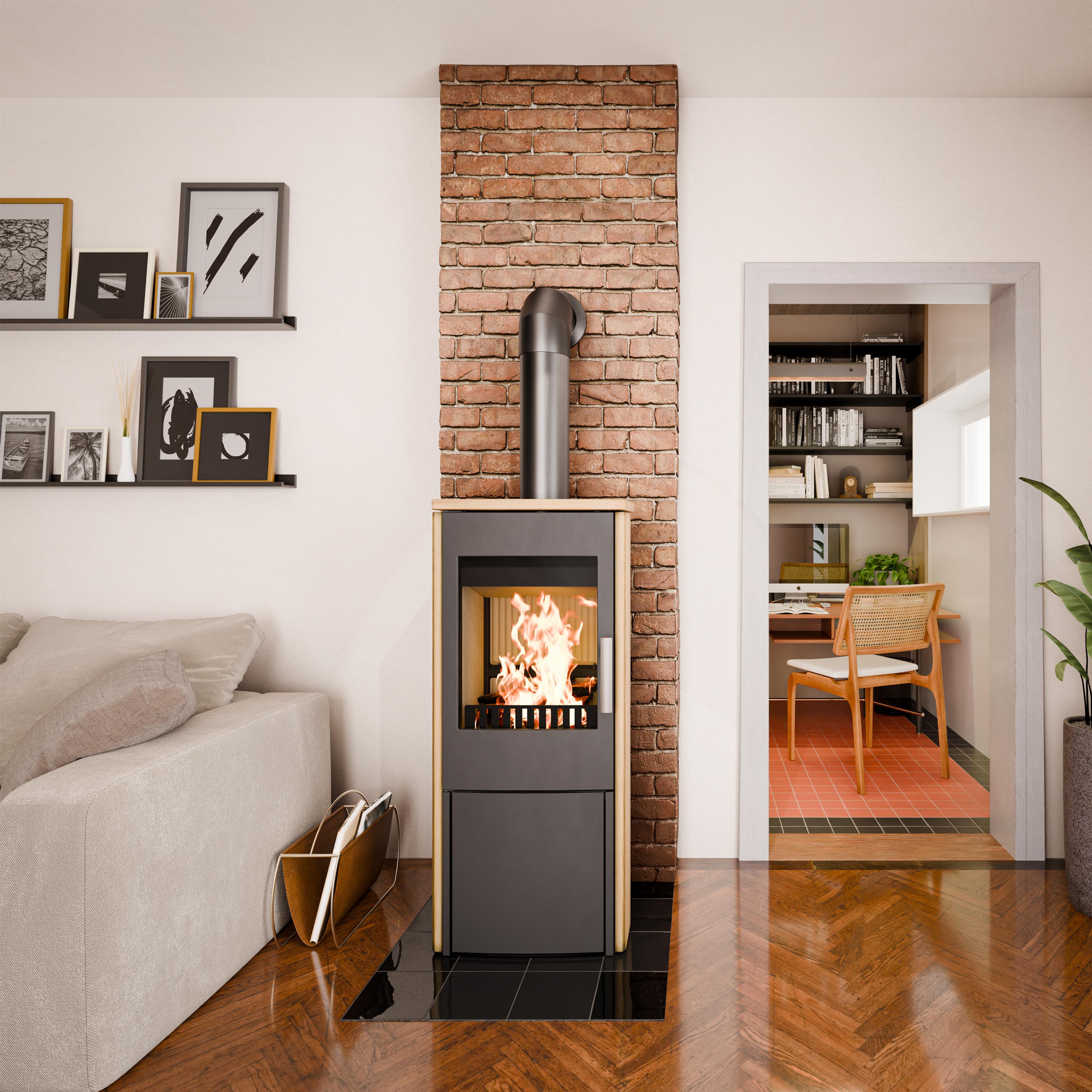 Haas+Sohn stove in a living room with a brick chimney breast