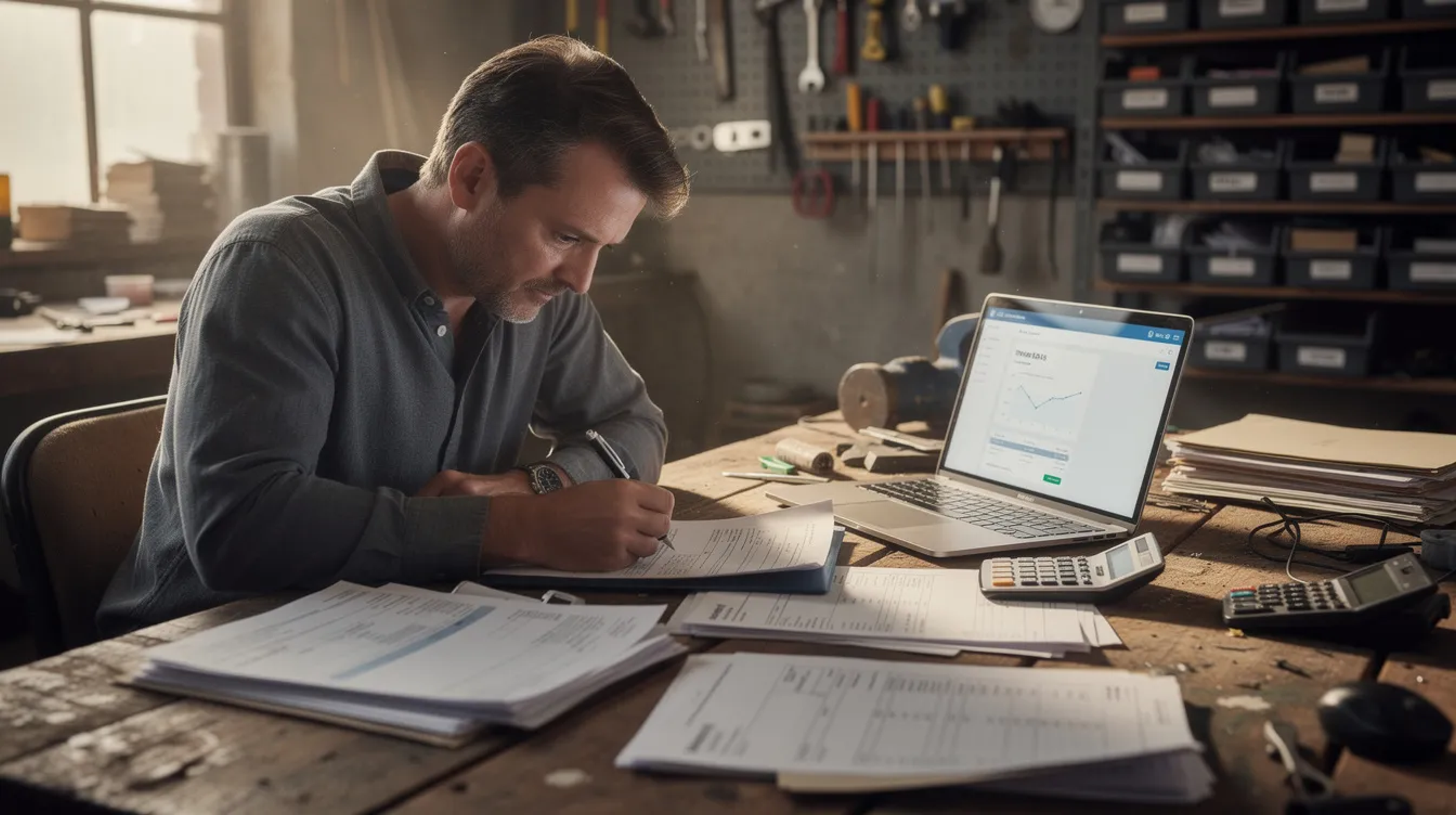 Business man assesses his business finance options. 