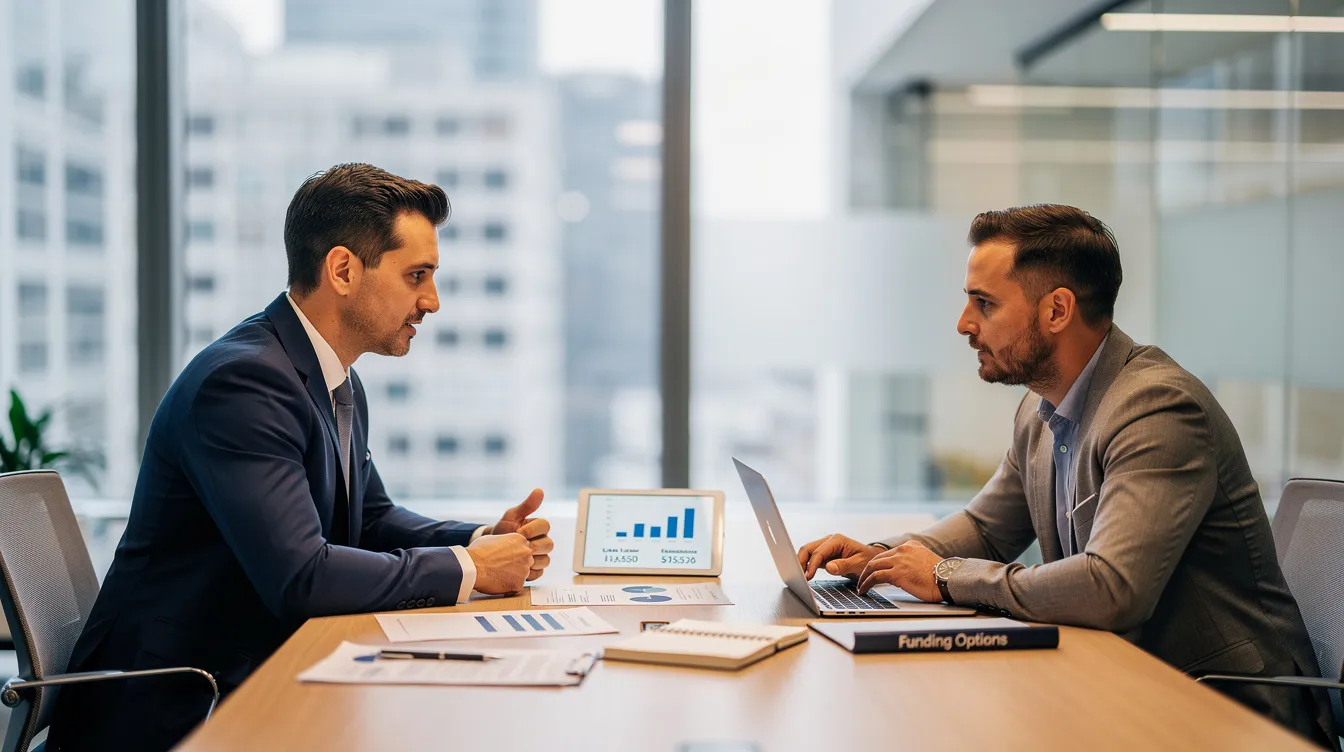 A finance broker is seated at a table with an SME client, discussing various funding options, including peer to peer lending and traditional bank loans. They are reviewing interest rates and potential risks involved in different financial services to help the client make informed decisions about their business finance needs.