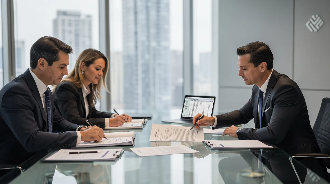 In the image, business directors are engaged in a discussion with an adviser as they review loan documents, highlighting the intricacies of peer to peer lending and the risks involved in securing business finance. The scene emphasizes the collaboration between financial institutions and peer lenders in navigating loan agreements and investment opportunities.