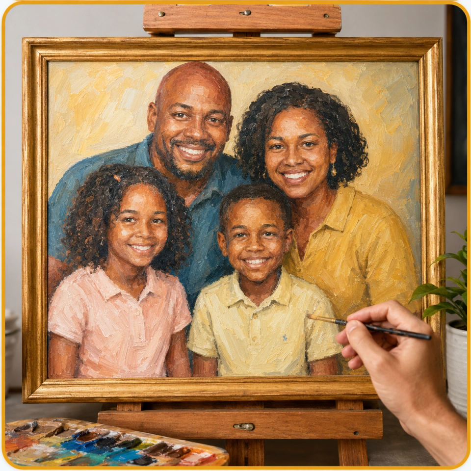 A hand-painted portrait of a family on a hammock, painted from a customer photo