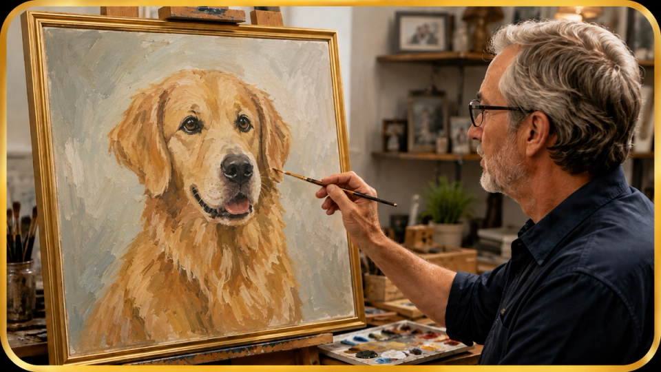 A hand-painted oil portrait of a dog, the brushwork visible on the canvas