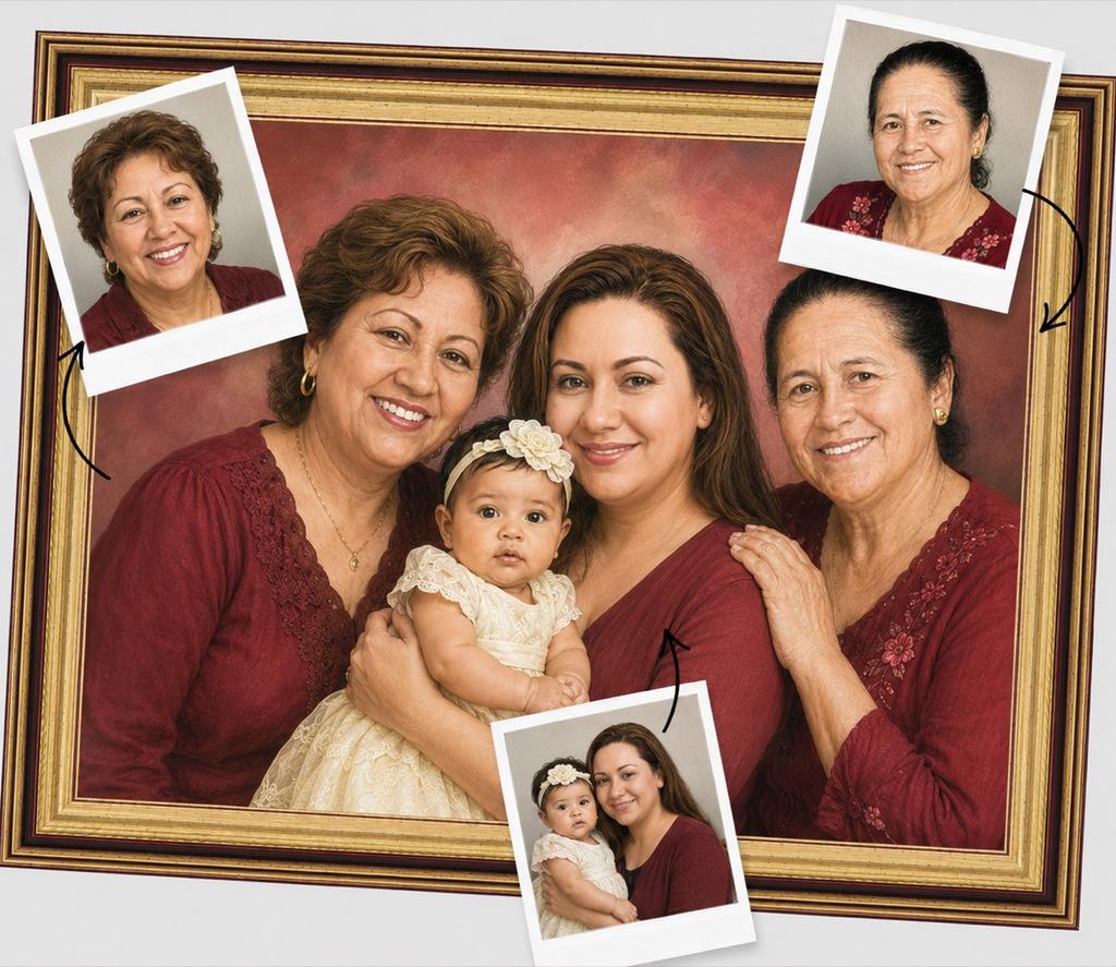 A framed hand-painted family portrait surrounded by the original photos it was painted from