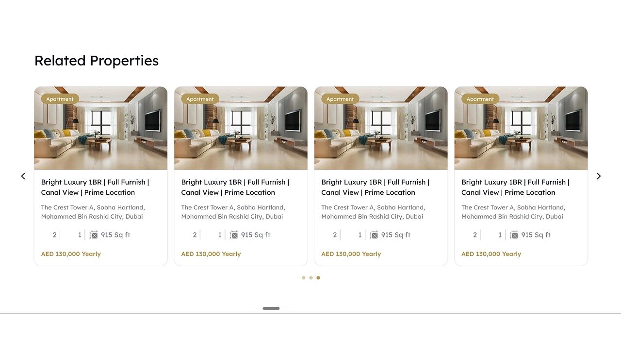 Section « Related Properties » : un carrousel de cartes de biens similaires, chacune avec photo, titre, surface et prix.