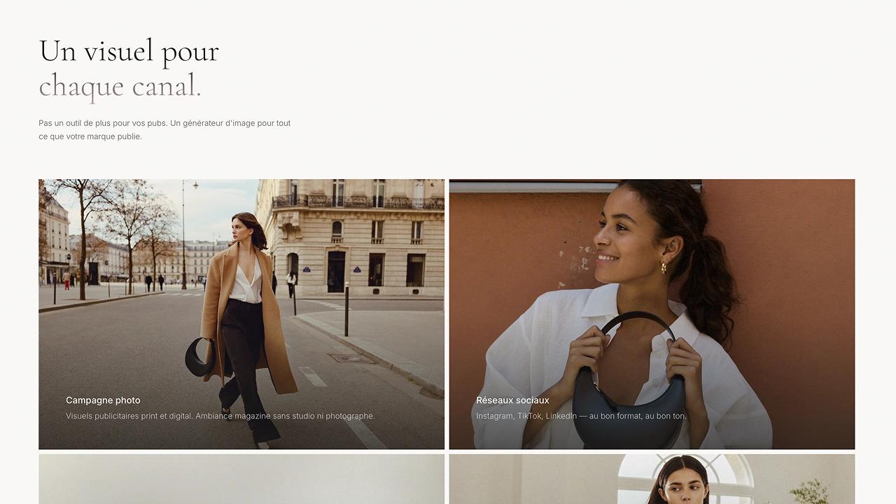 Section « Un visuel pour chaque canal » : une grille de photos de campagne éditoriales, étiquetées par usage (campagne photo, réseaux sociaux).