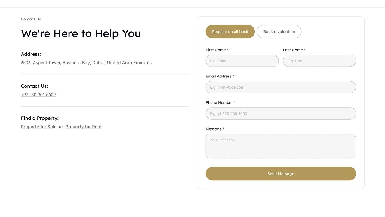 Page « Contact Us » : un formulaire de prise de contact avec les onglets « Request a call back » et « Book a valuation », pour capter acheteurs et vendeurs.