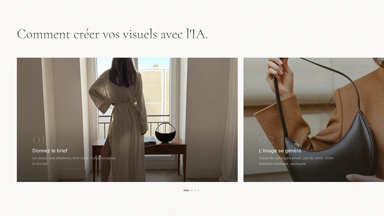 Section « Comment créer vos visuels avec l'IA » : les étapes du processus, de « Donnez le brief » à « L'image se génère », illustrées de visuels éditoriaux.