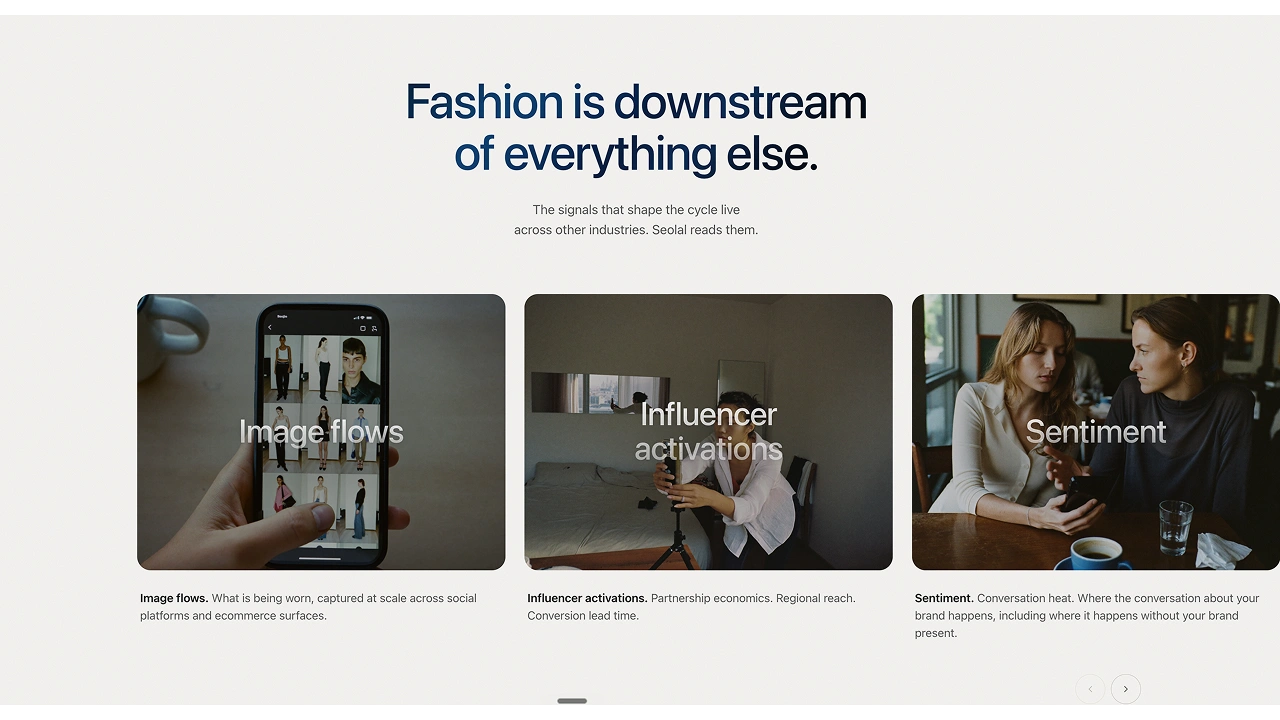 Section Seolal : les cartes « Image flows » et « Influencer activations », dont une main tenant un téléphone qui affiche une grille de looks.