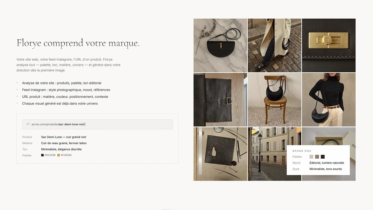 Section « Florye comprend votre marque » : à gauche, l'analyse du site, du feed Instagram et des fiches produit ; à droite, une mosaïque de visuels éditoriaux et un panneau « Brand DNA » (palette, mood, style).