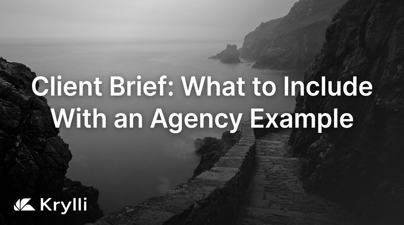 Black-and-white coastal path between cliffs and a misty sea, with the Client Brief article headline and Krylli logo.