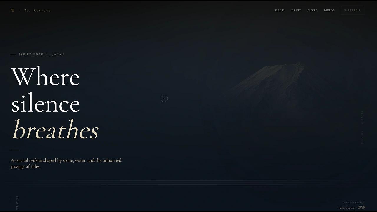 Section hero du site Ma Retreat : sur un fond sombre, le titre « Where silence breathes » et le mont Fuji fondu dans le dégradé, au-dessus de la baseline « A coastal ryokan shaped by stone, water ».