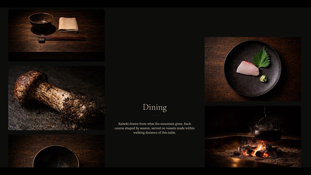 Section « Dining » : une cuisine kaiseki en photographie sombre, du saké à un mets dressé et un feu ouvert.