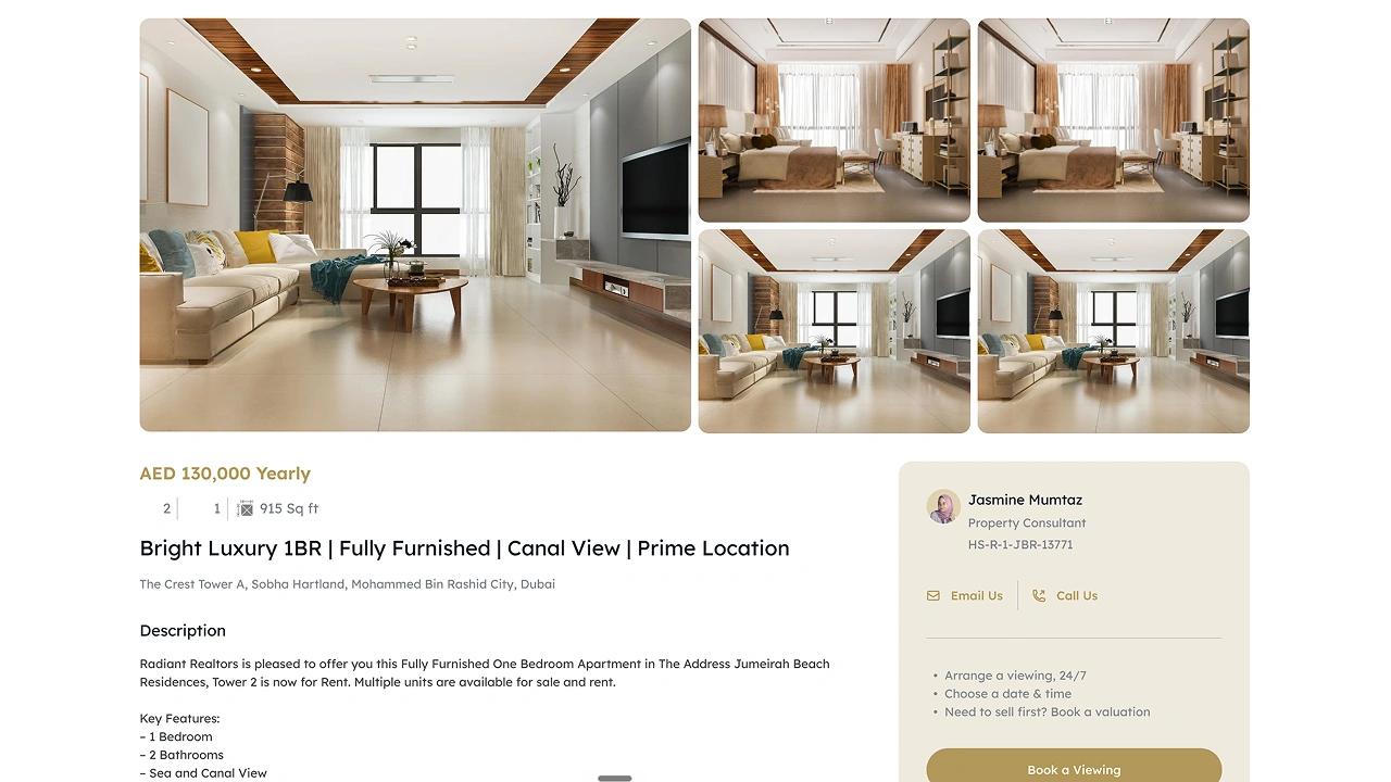 Page d'une annonce immobilière de Radiant Realtors : grande photo d'un appartement, galerie de vignettes, prix en AED, description et carte de contact de l'agent.
