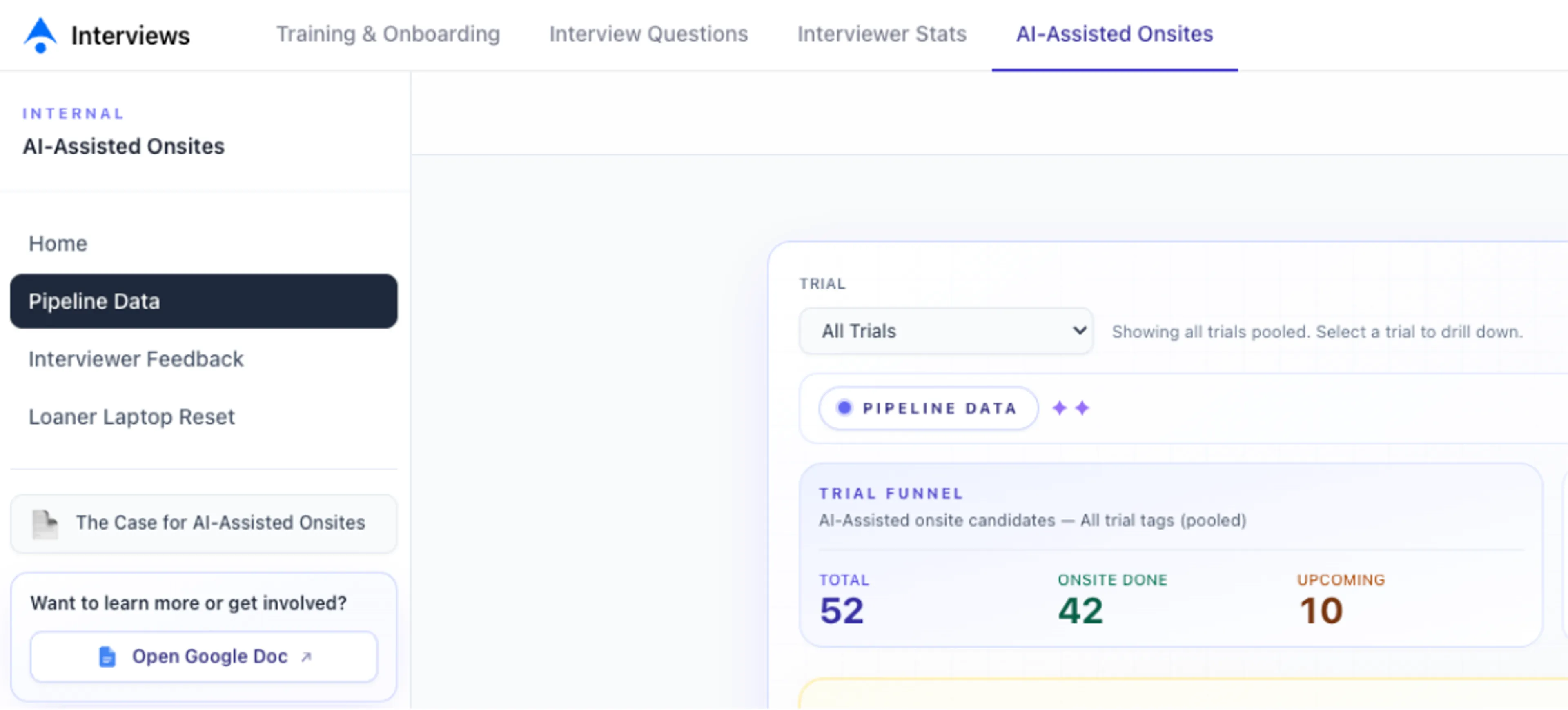 Screenshot of an internal 'AI-Assisted Onsites' tool showing a trial funnel with pipeline data on interview candidates.