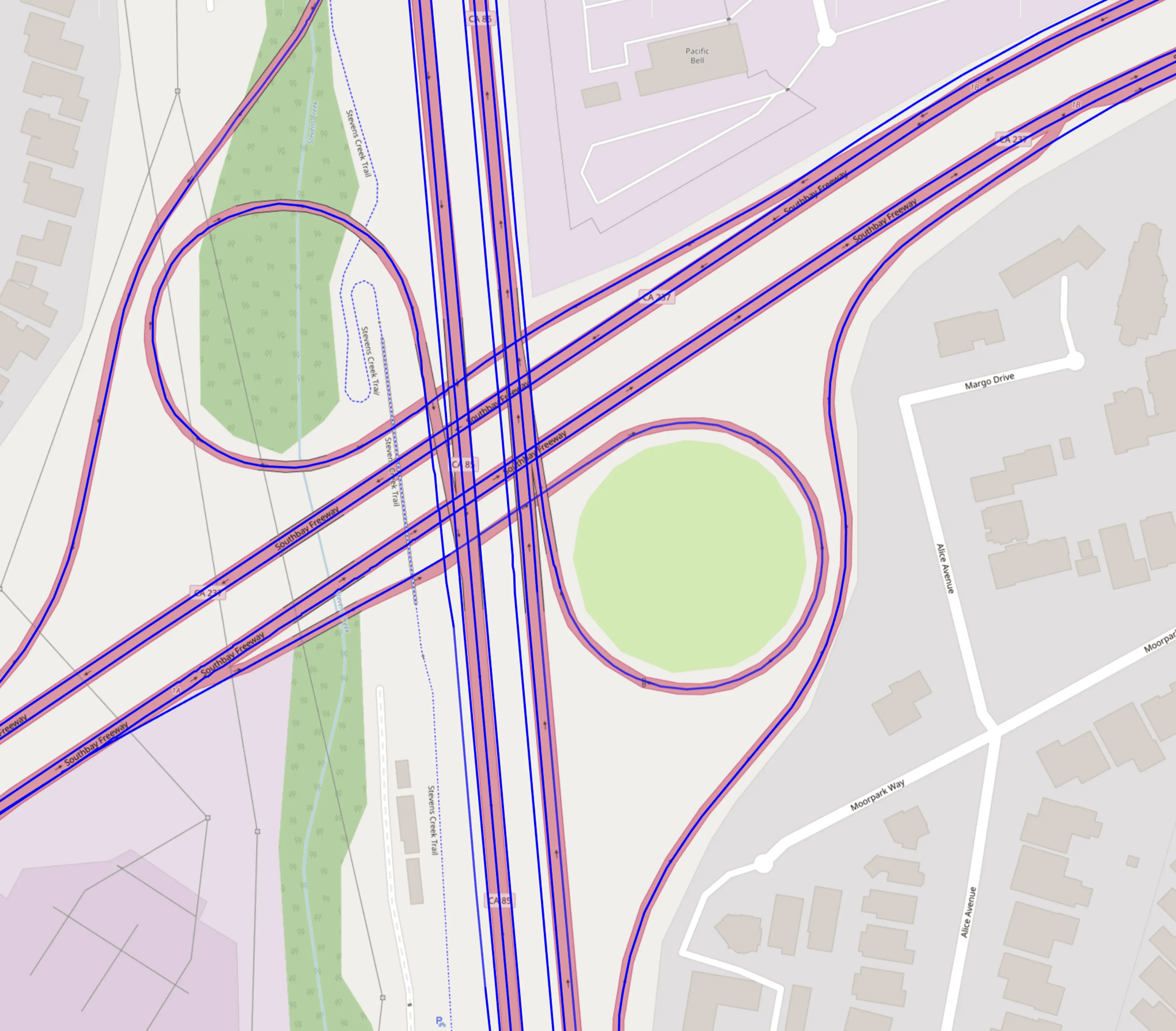 Rendering of a freeway, including a cloverleaf-type interchange