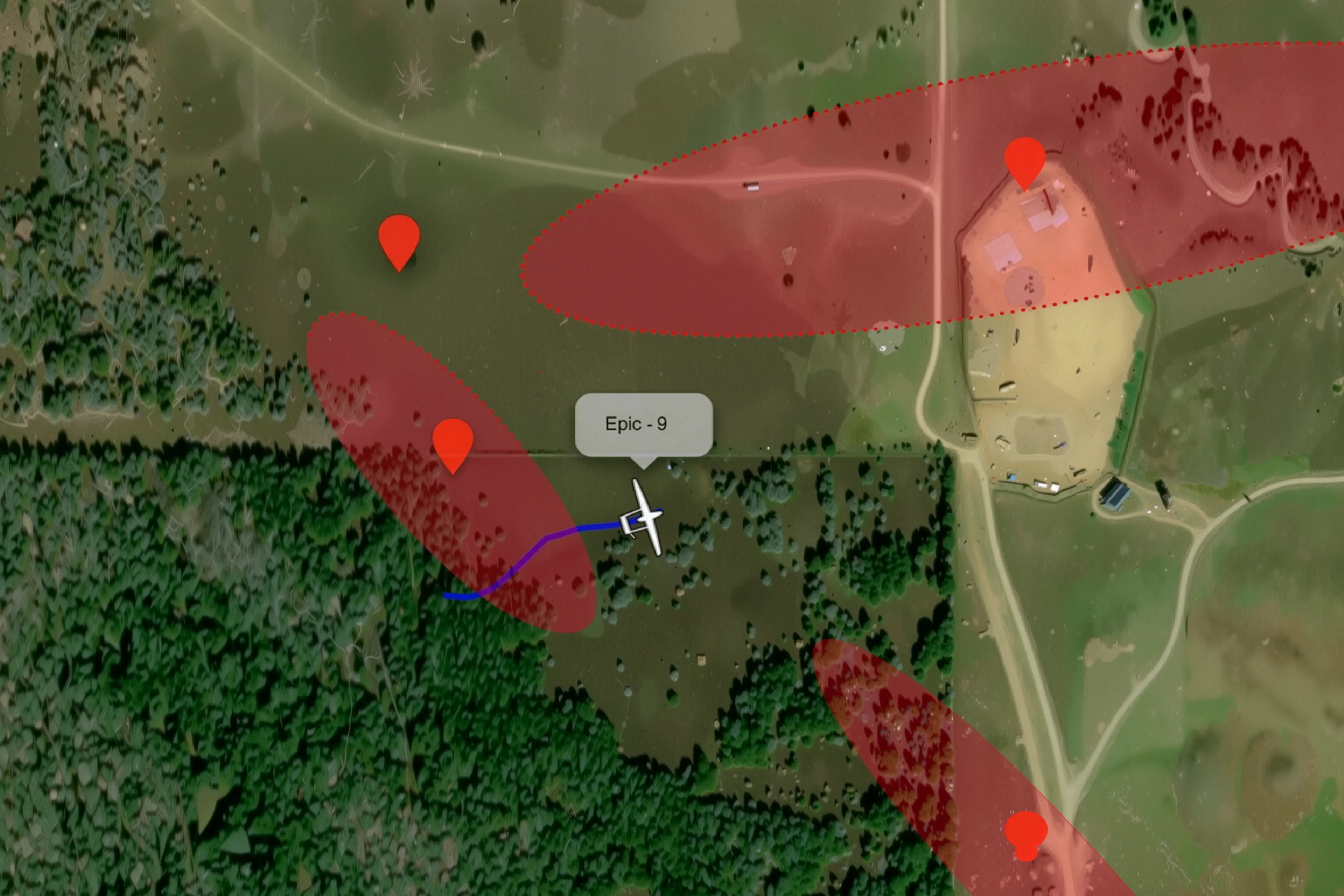 Aerial map showing a drone with flight path, overlaid with red risk/hazard zones and location markers.
