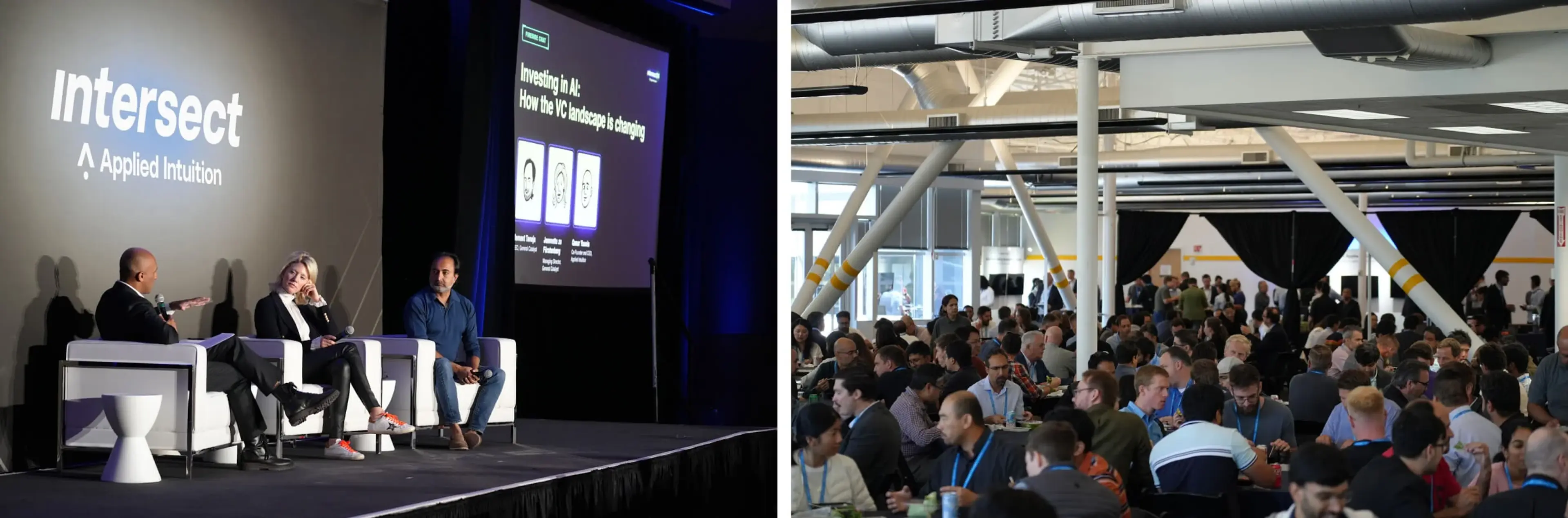 Two photos, with the one on the left featuring 3 people in a discussion and in the right a group of people attending a conference.