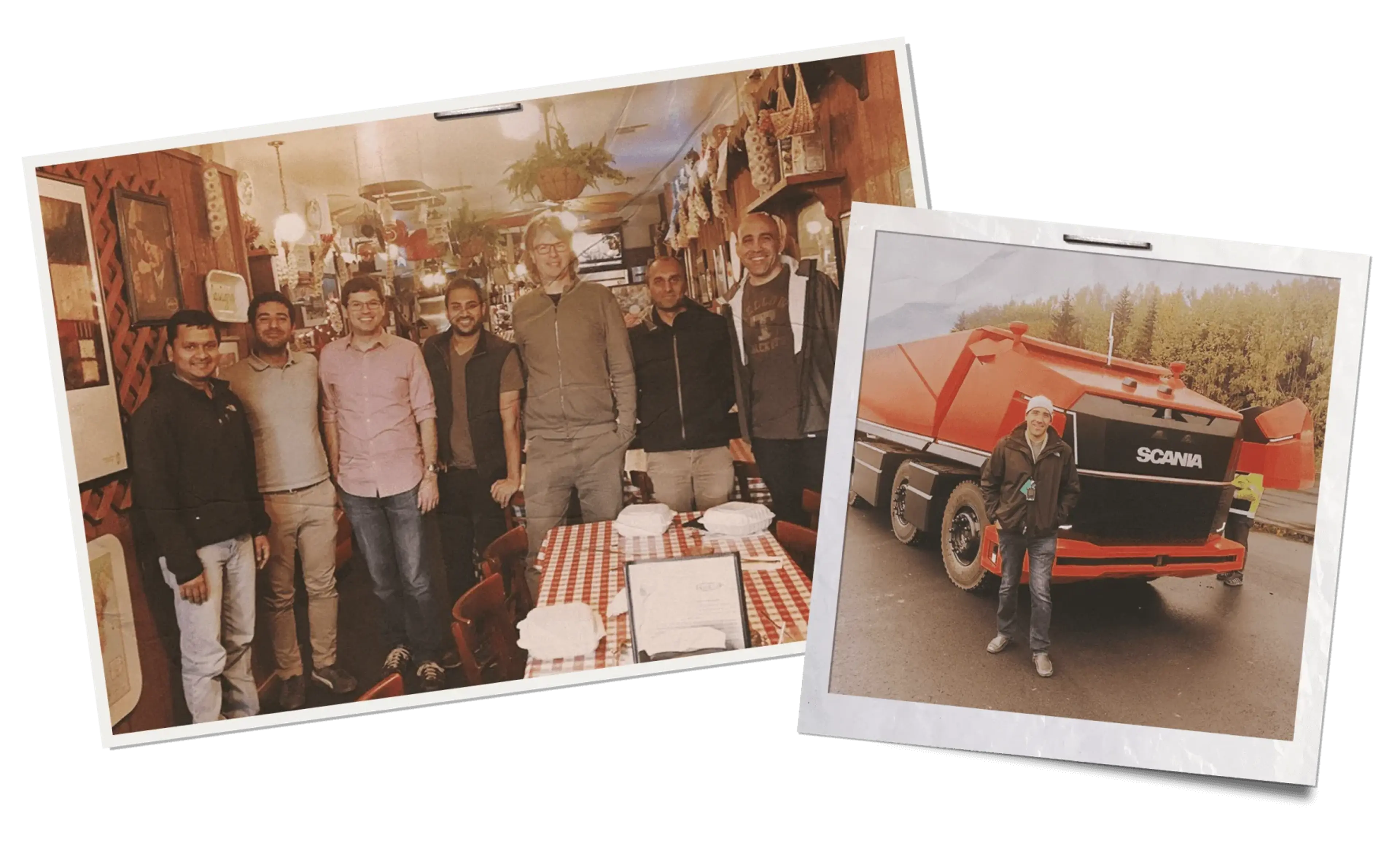 Two photos are shown. The left photos shows 7 early Applied Intuition employees, including Alan ElSheshai at the far right and Roland Philippsen (third from right) and co-founders Peter Ludwig (third from left) and Qasar Younis (second from right). The right image shows Alan ElSheshai in front of a Scania vehicle.