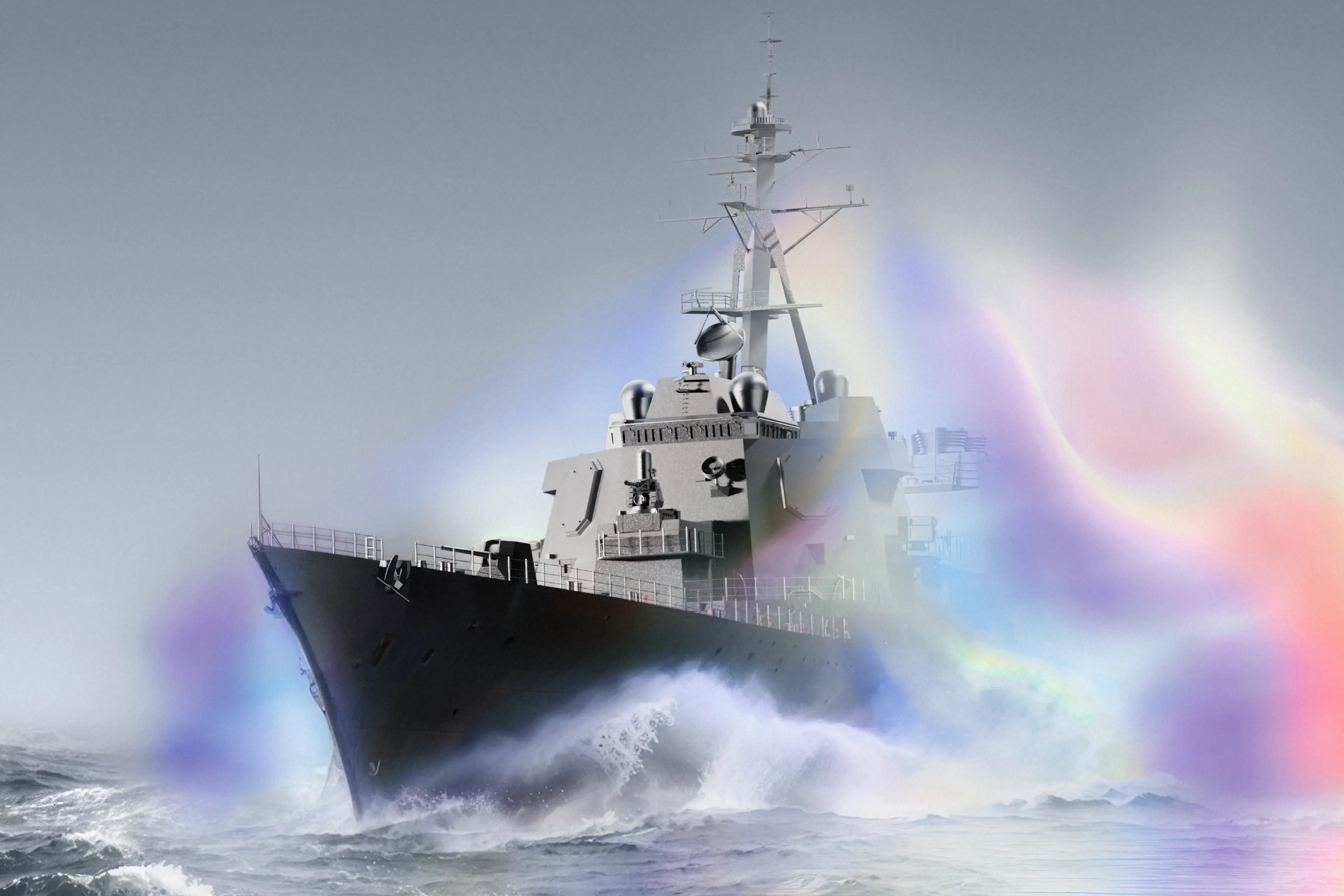 Naval destroyer cutting through rough ocean waves, overlaid with soft, colorful light flares in pink, purple, and rainbow hues against a gray sky