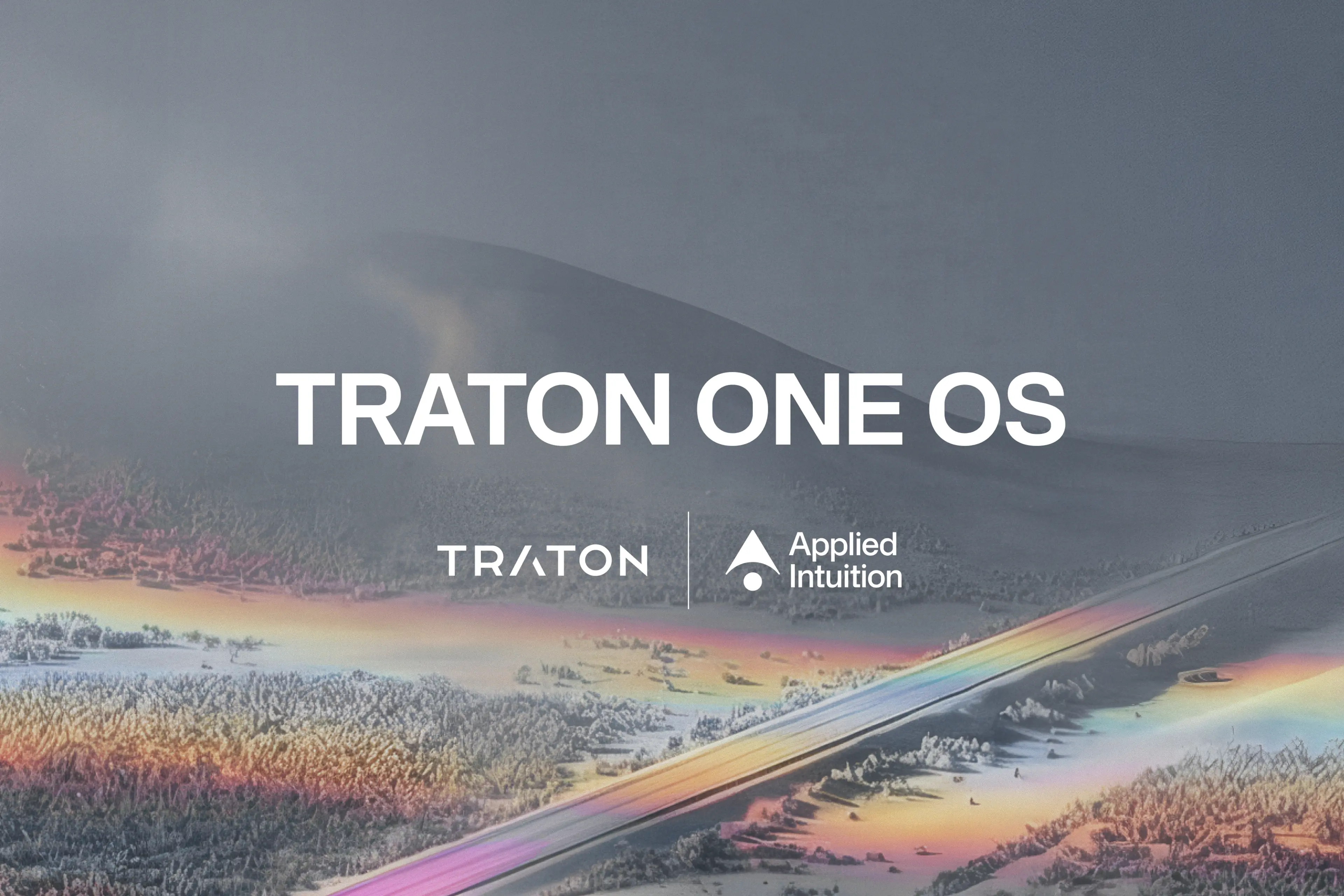 Promotional thumbnail for Traton One OS, featuring the Traton and Applied Intuition logos over an aerial landscape with a rainbow-lit highway cutting through a wintry terrain