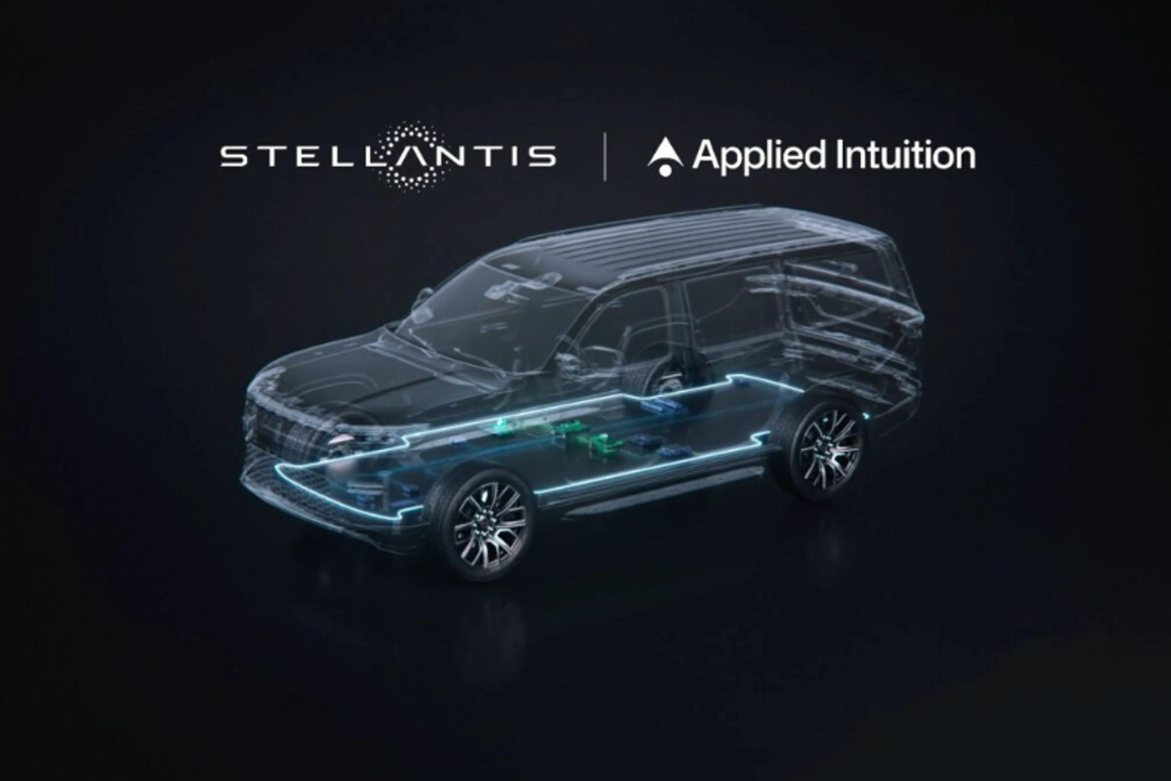 A translucent X-ray-style rendering of an SUV highlighting its internal systems, with the Stellantis and Applied Intuition logos above.