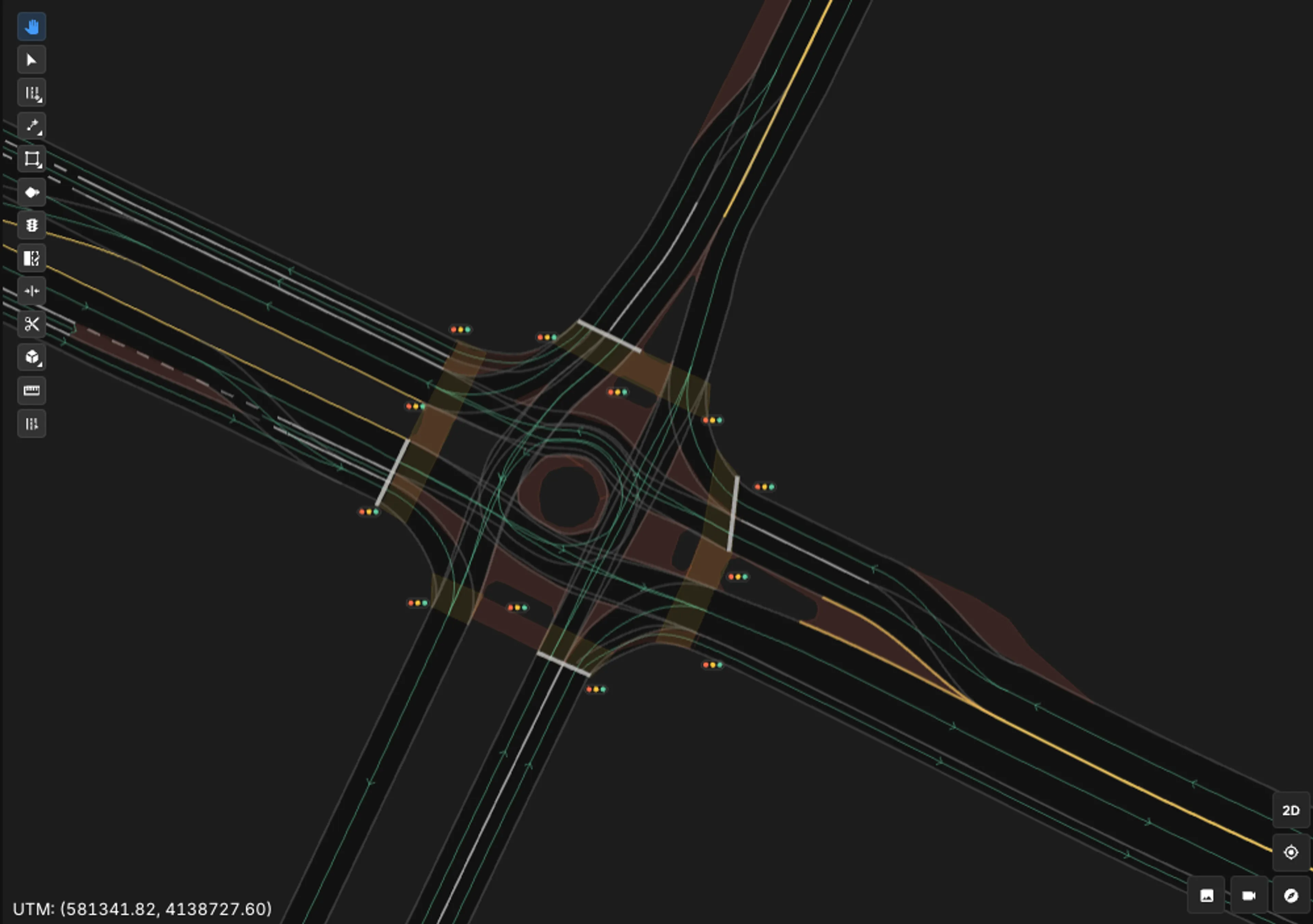 Hd Map Four Way Intersection With Roundabout Traffic Lights Crosswalks