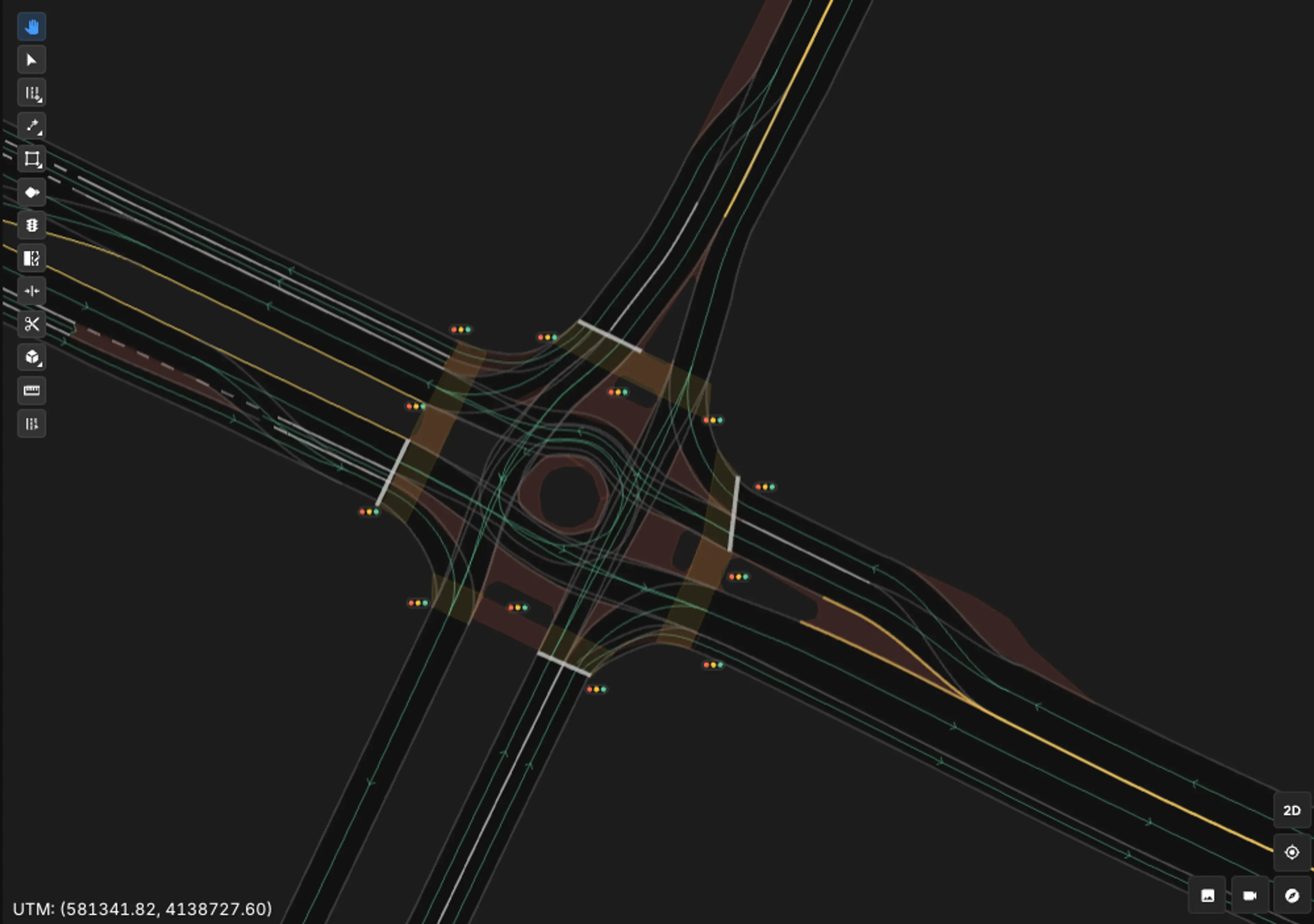 Hd Map Four Way Intersection With Roundabout Traffic Lights Crosswalks