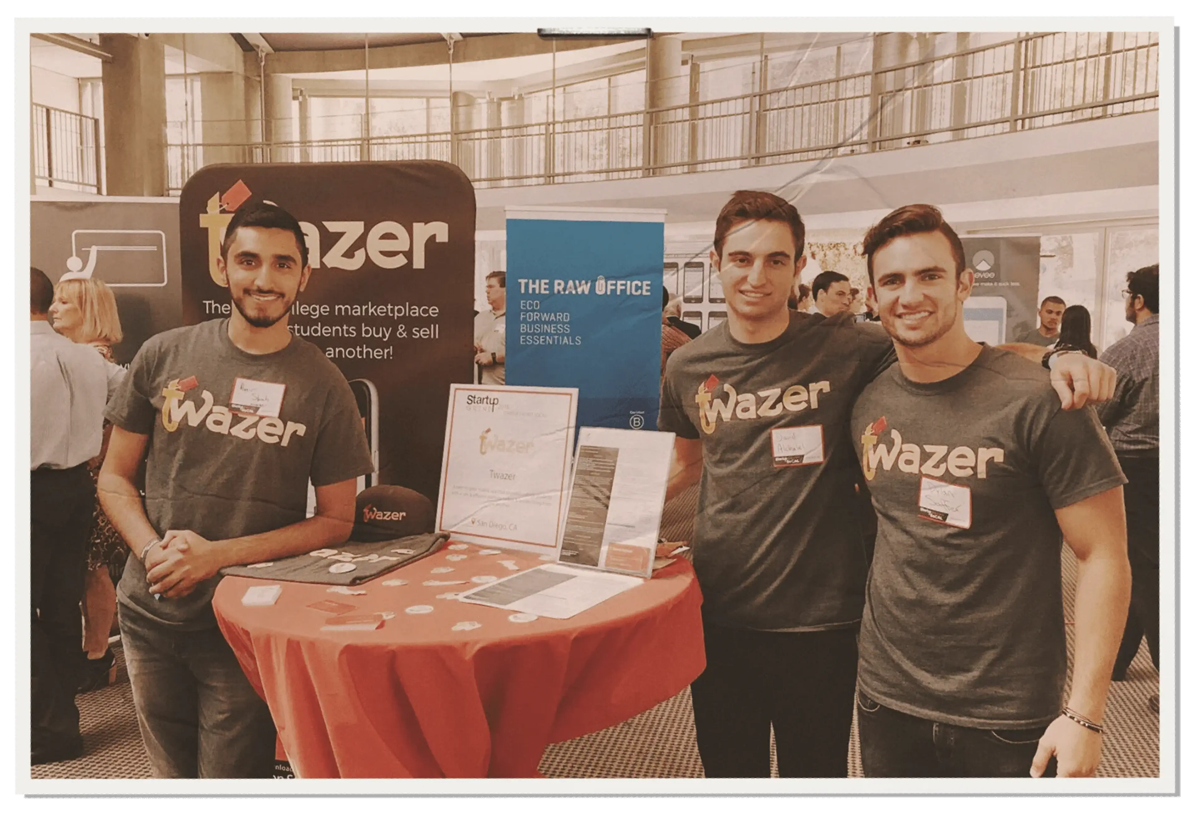 Photo shows Amir Shah on the left, with his co-founders at Startup Grind in San Diego, a mixer plus pitch competition.