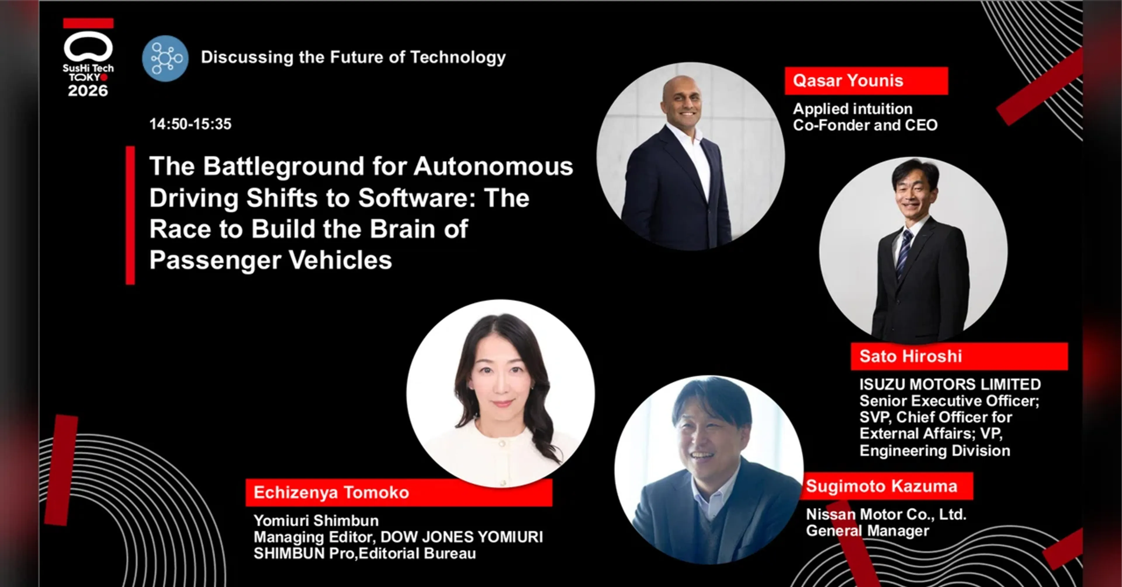 SusHi Tech Tokyo 2026 panel graphic featuring Applied Intuition CEO Qasar Younis and speakers from Isuzu, Nissan, and Yomiuri Shimbun.