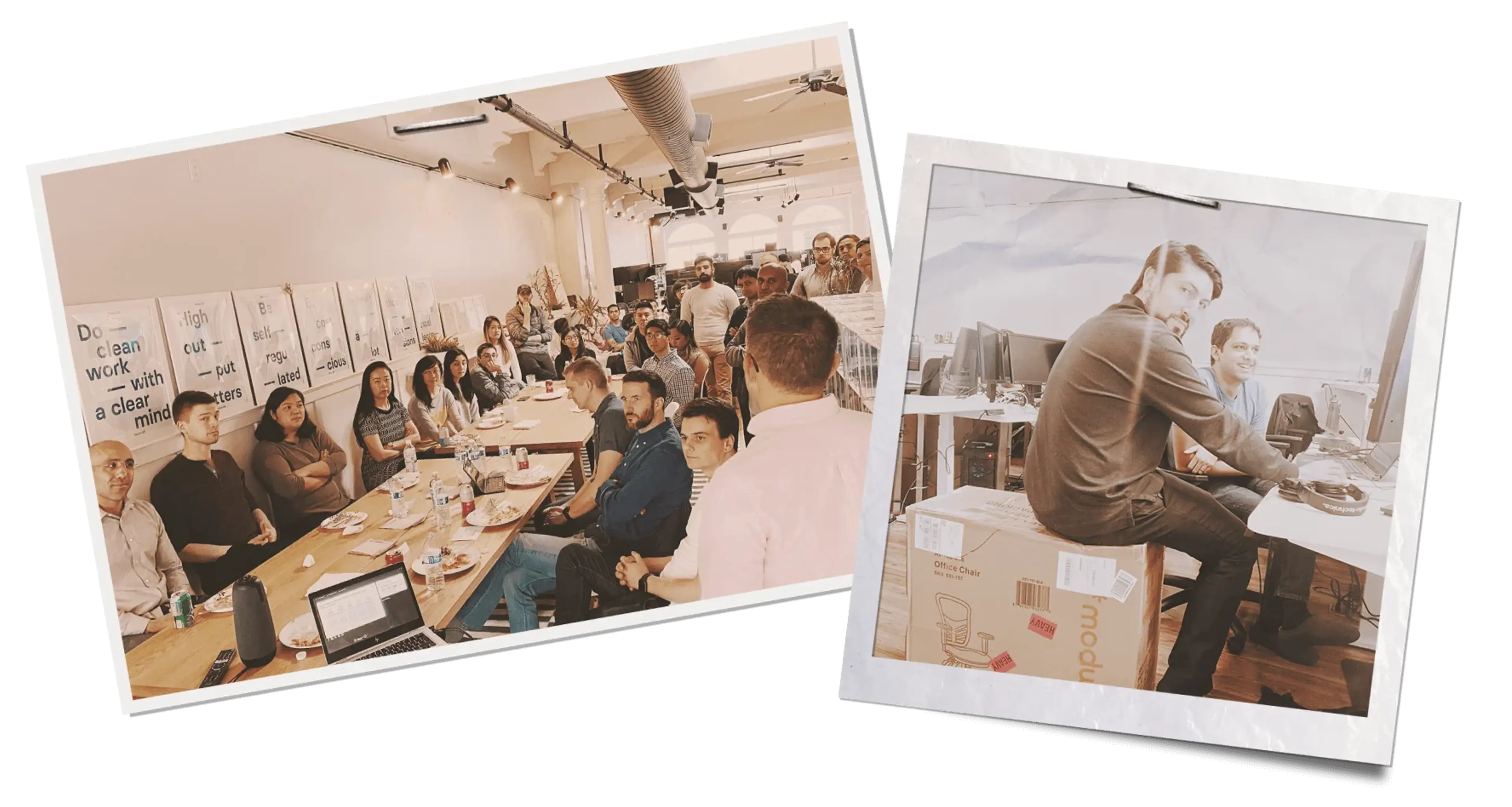 A composite of two photos, where the left shows Scania autonomy leadership hosted for an onsite at an early Applied Intuition office in Sunnyvale, with Alan ElSheshai, who spent two months in Sweden leading the Scania POC & integration, at the far left edge of photo. The right image shows Fahrzin Hemmati living the Applied Intuition core value of “Move fast, move safe” by not bothering to unbox the chair before sitting on it.