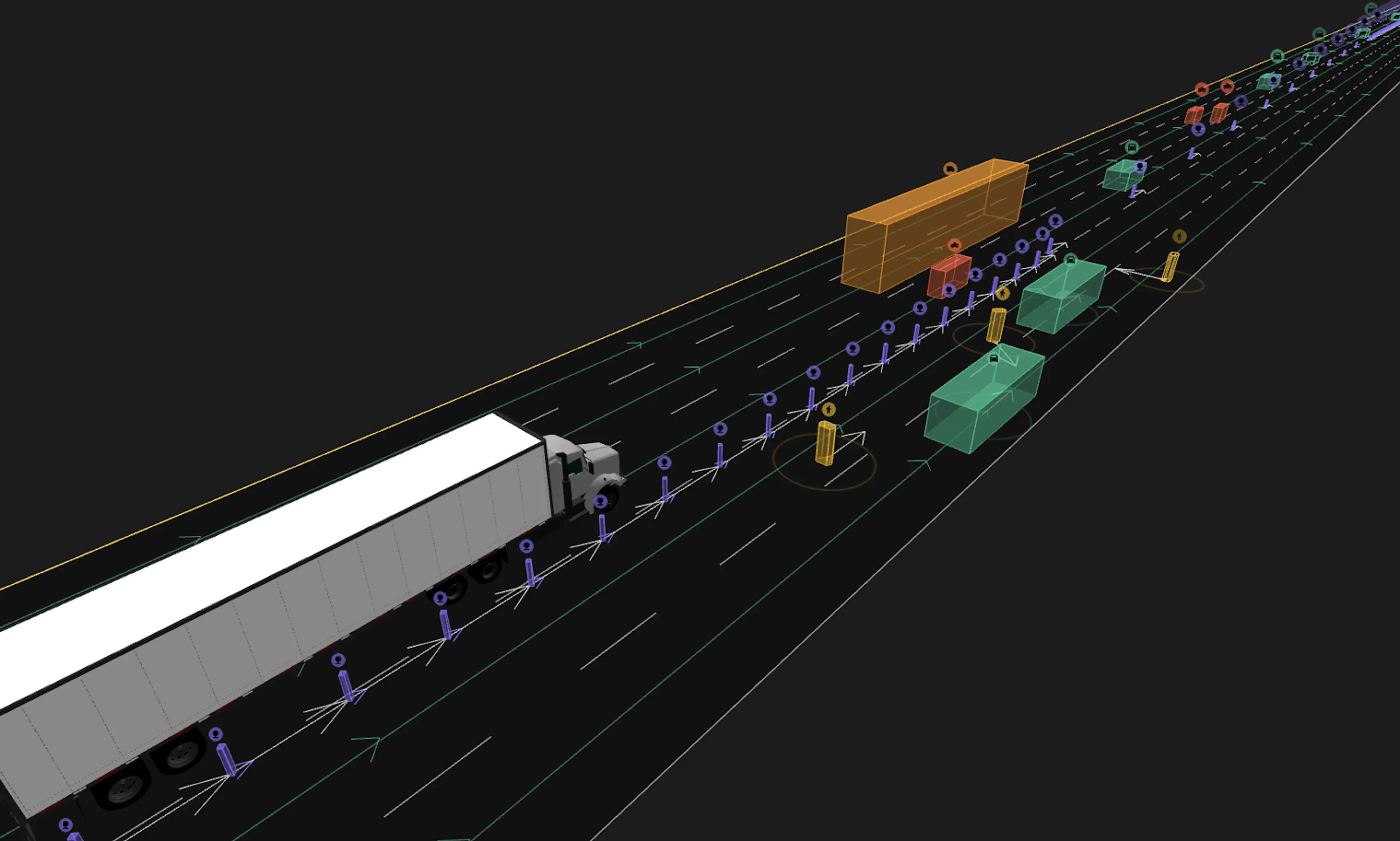 Truck on a road with multiple objects, comprising a scenario to reproduce a construction zone encounter. Derived from real-world testing.