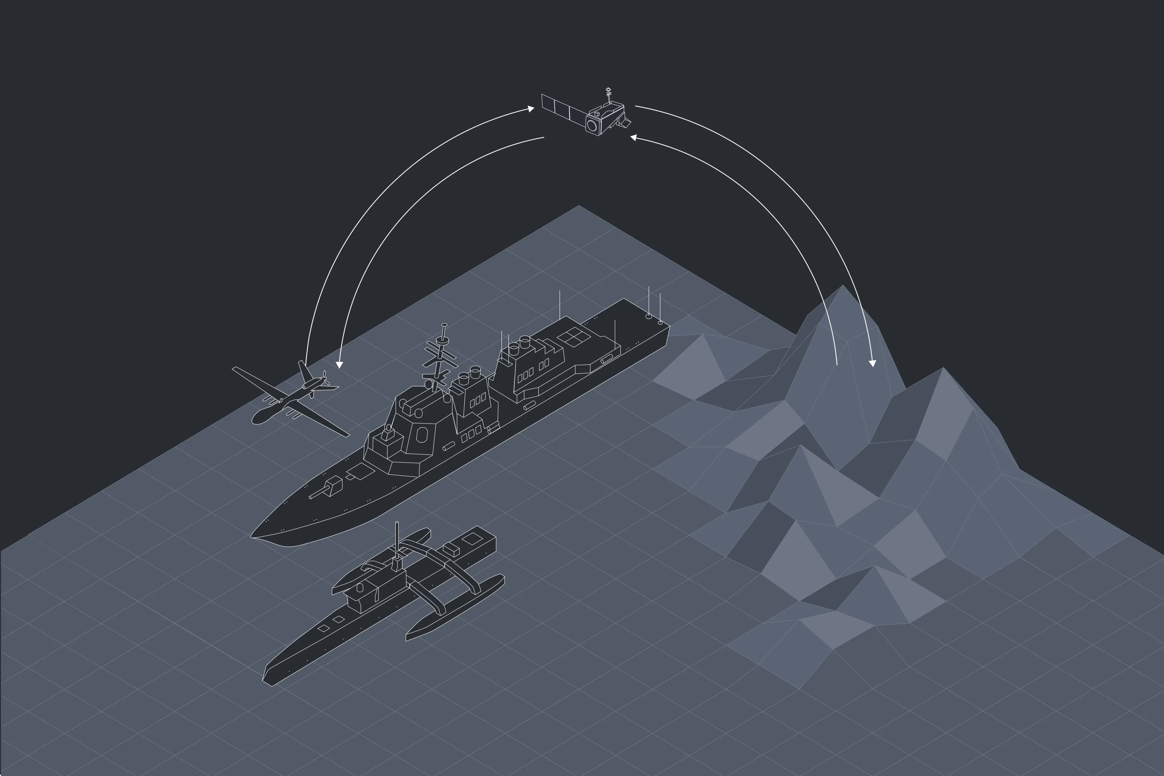 Isometric illustration of a Navy destroyer, aerial drone, and autonomous surface vessel exchanging data via satellite over a grid-patterned ocean, with a low-poly mountainous coastline to the right.