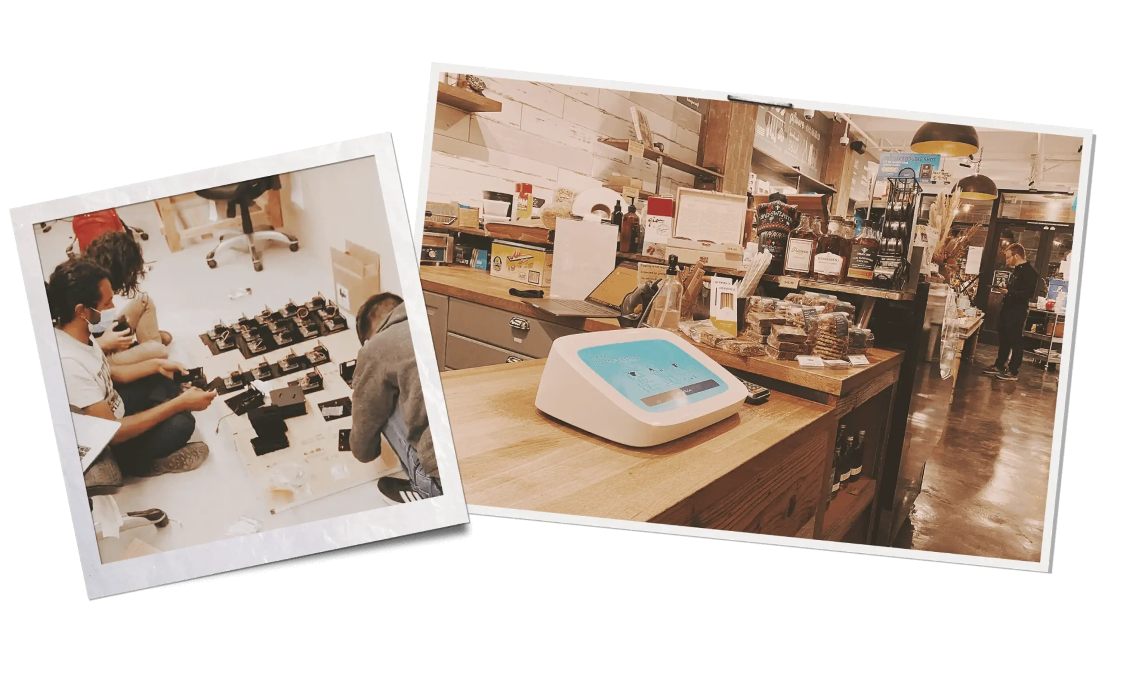 Two photos, where the left photo shows startup employees assembling an electronic device. The rightimage shows one of the retail test cases that Ryan Brigden’s team deployed.
