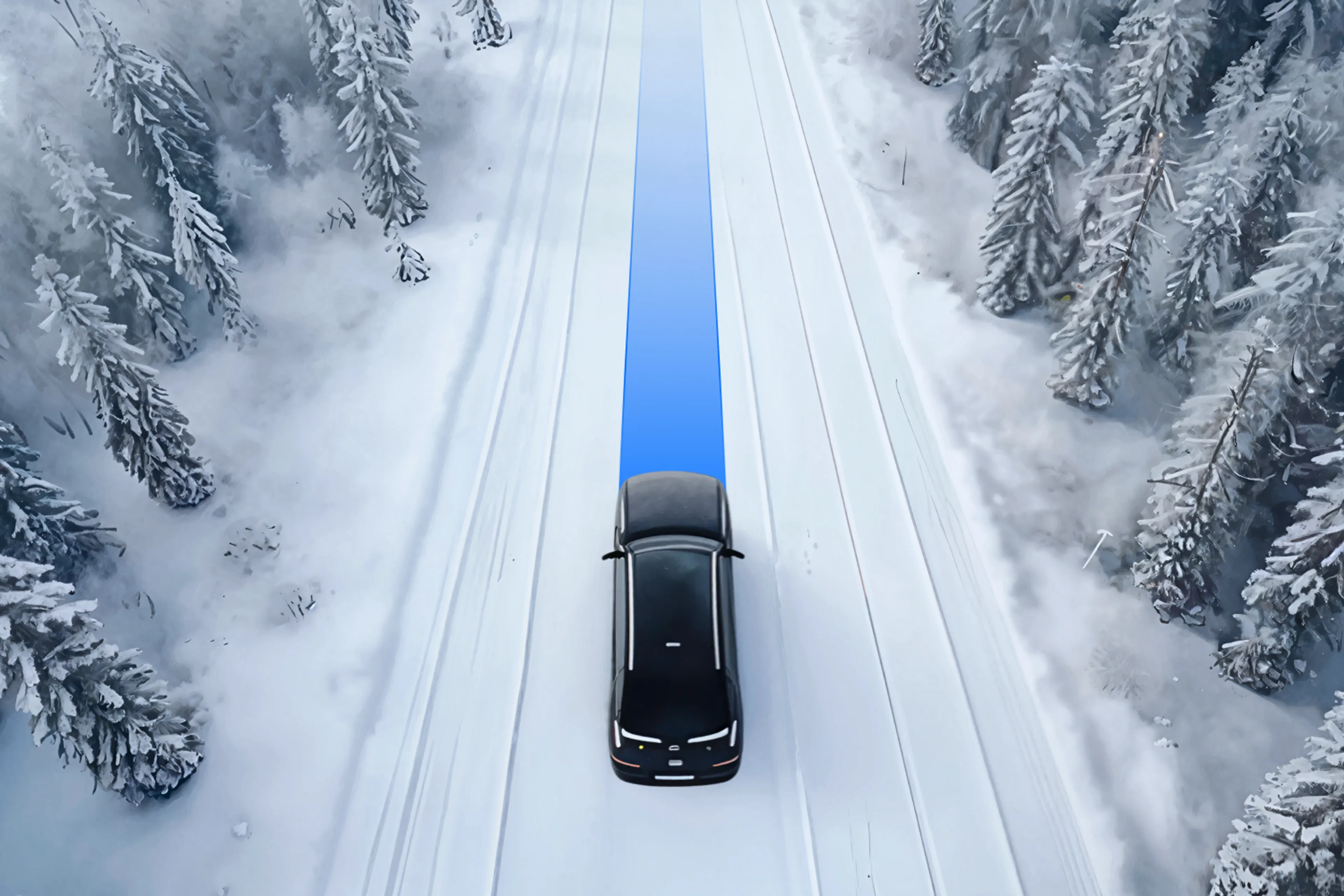 Aerial view of a dark sedan driving along a snow-covered road through a winter forest, with a blue beam projected forward from the vehicle, suggesting an autonomous driving or sensor detection concept.