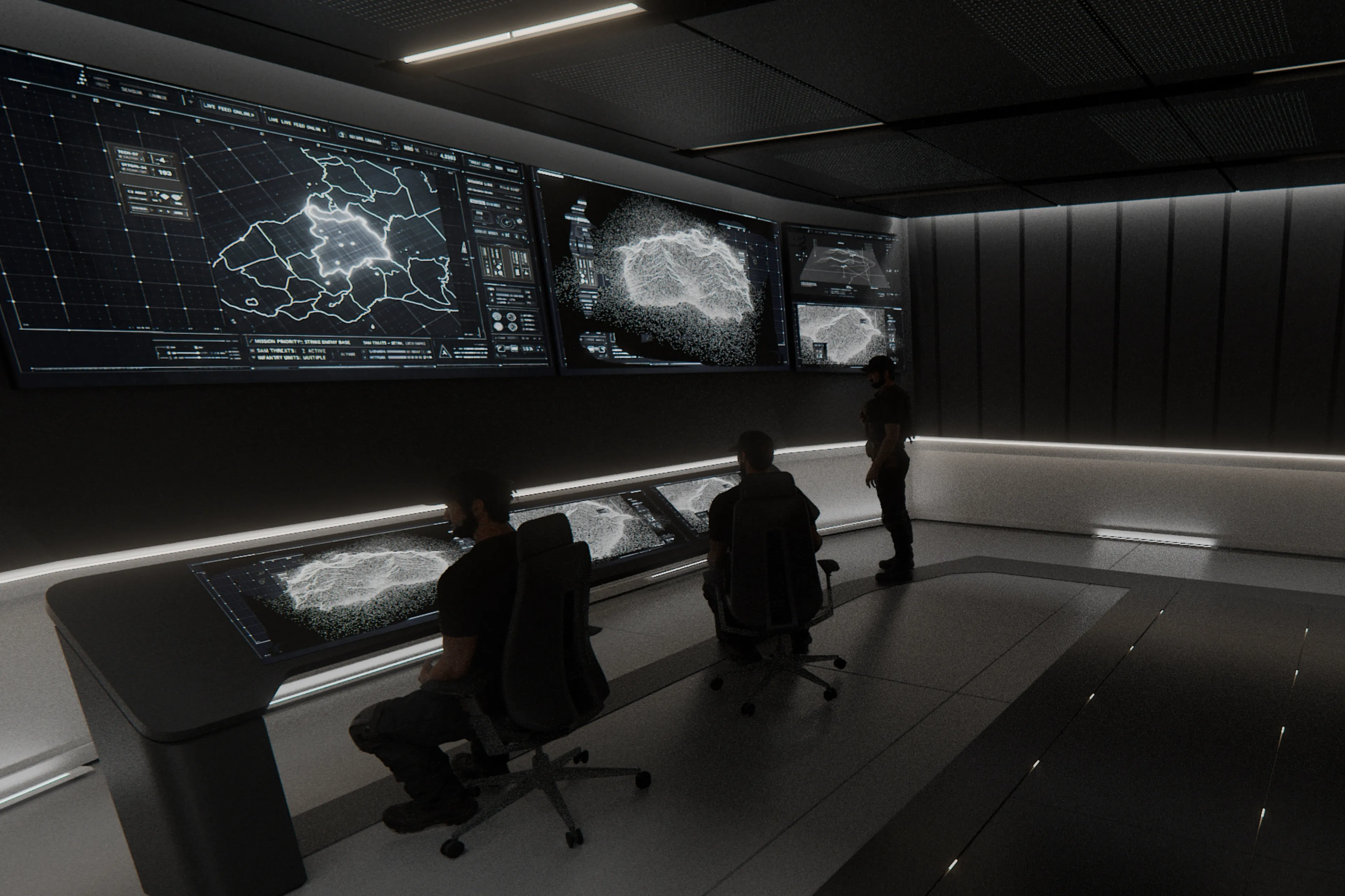 Rendering of a dark military command center where three operators in tactical gear monitor a wall of screens showing terrain maps, point-cloud scans of a target area, and live mission feeds.