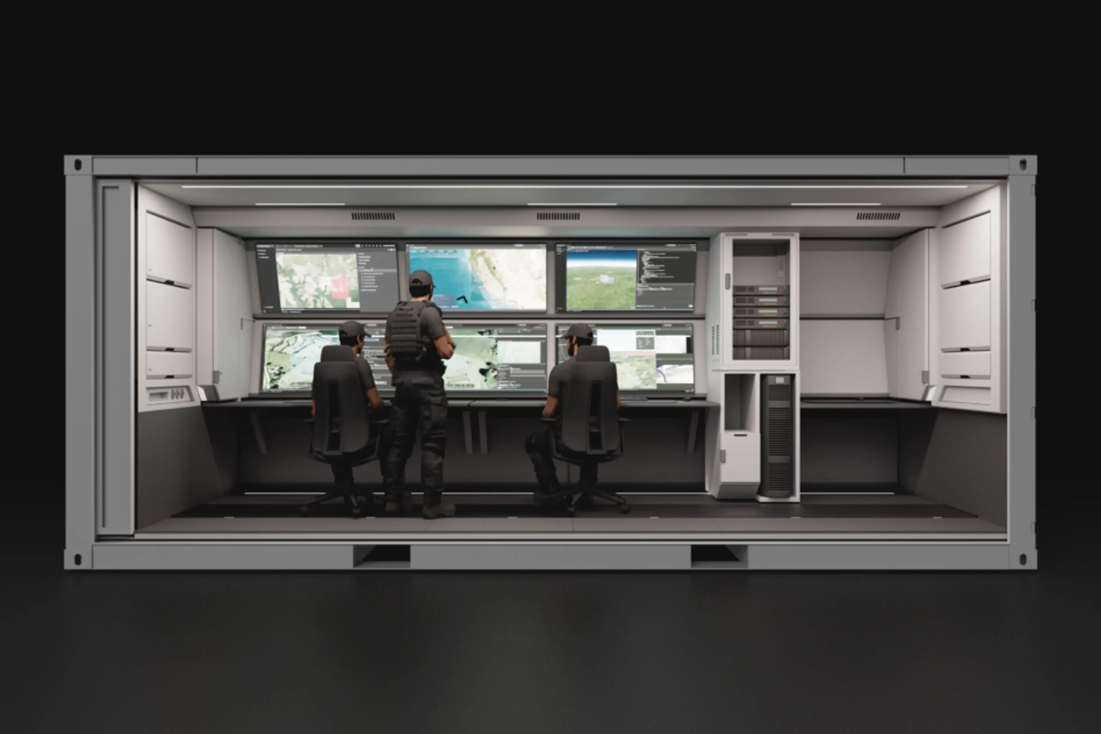 A cutaway view of a portable tactical operations center housed in a shipping container, showing three operators in tactical gear monitoring multiple screens displaying maps and data.