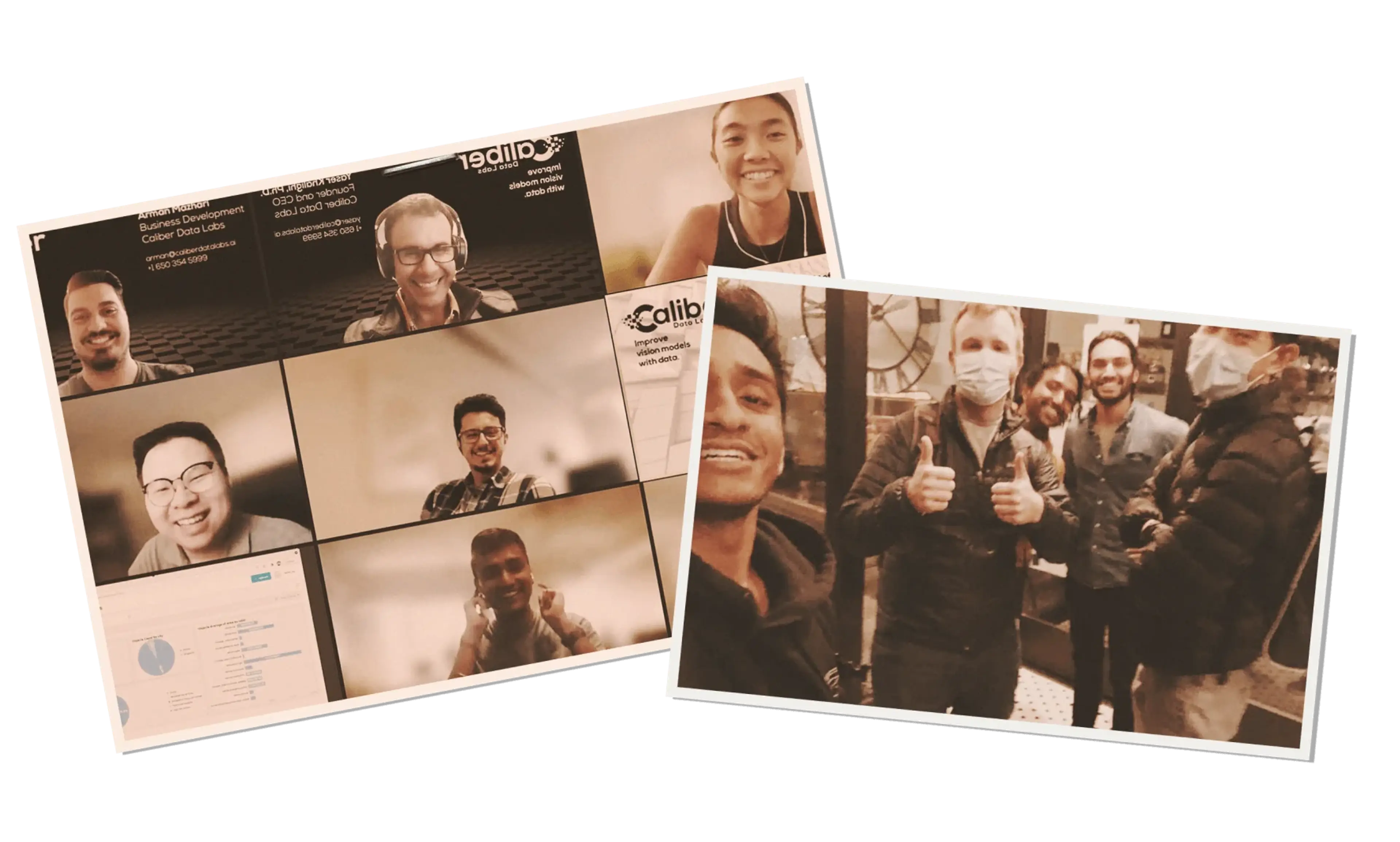 Two photos, where the left photo shows Yaser Khalighi at the center top of a grid display of Zoom call participants, employees of Caliber Data Labs, later SceneBox. The right image shows Ryan Brigden giving two thumbs up celebrating a success with members of his startup’s team.